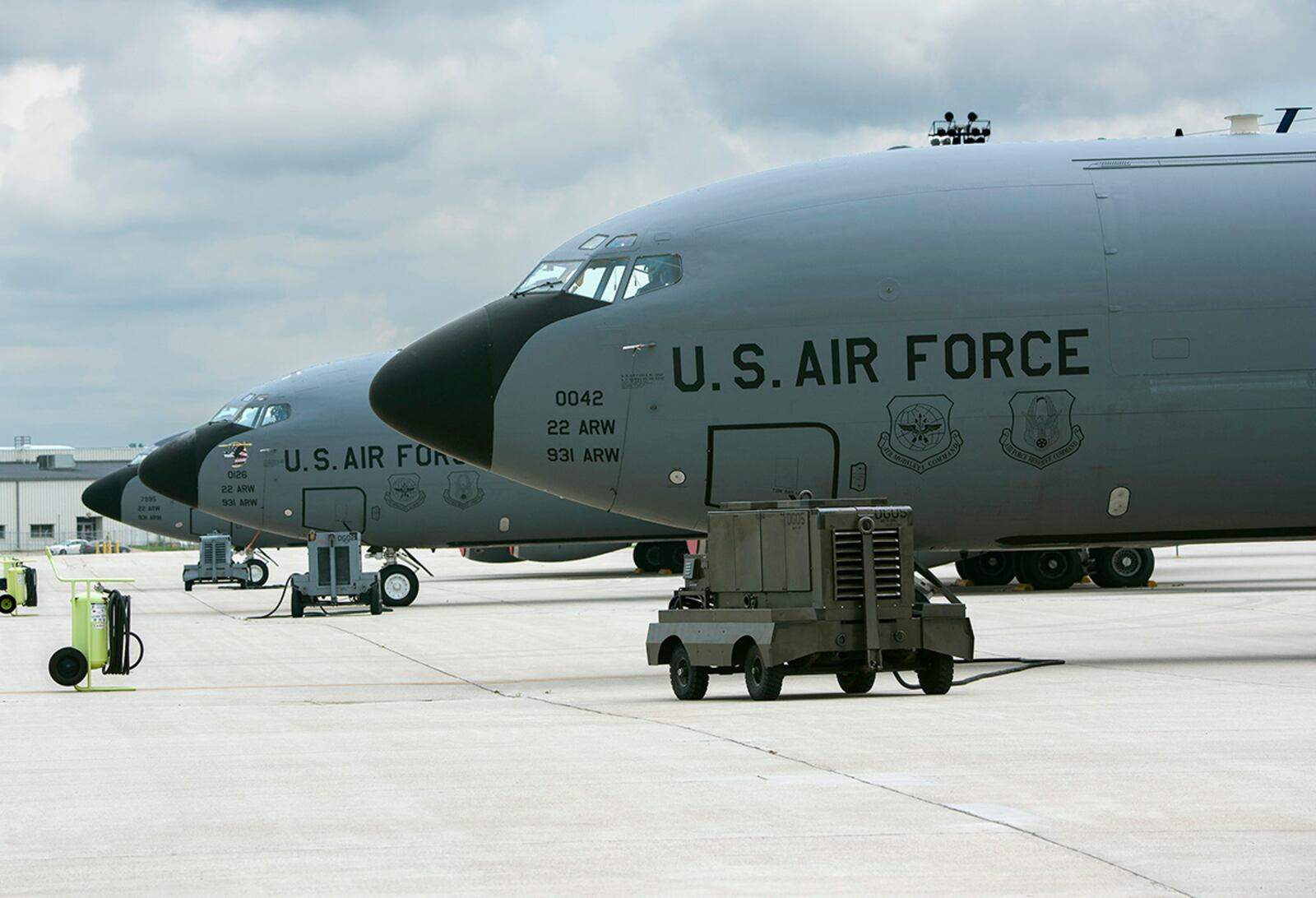 KC-135 Stratotankers from the 22nd Air Refueling Wing at McConnell Air Force Base, Kansas, sit on the flightline June 8 at Wright-Patterson AFB. KC-135 and KC-46 tankers and crew members will be at Wright-Patt through June 18 for a deployment exercise, which includes nighttime aerial-refueling training. U.S. Air FORCE PHOTO/R.J. ORIEZ