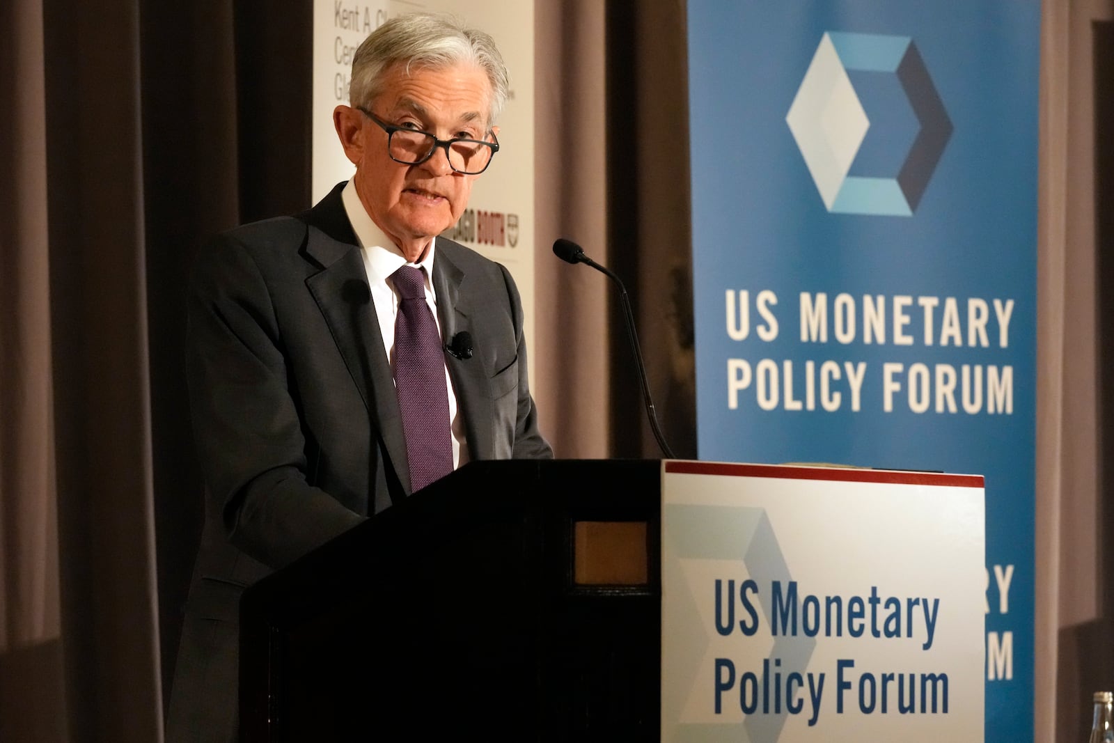 Federal Reserve Chair Jerome Powell addresses the annual U.S. Monetary Policy Forum, in New York, Friday, March 7, 2025. (AP Photo/Richard Drew),