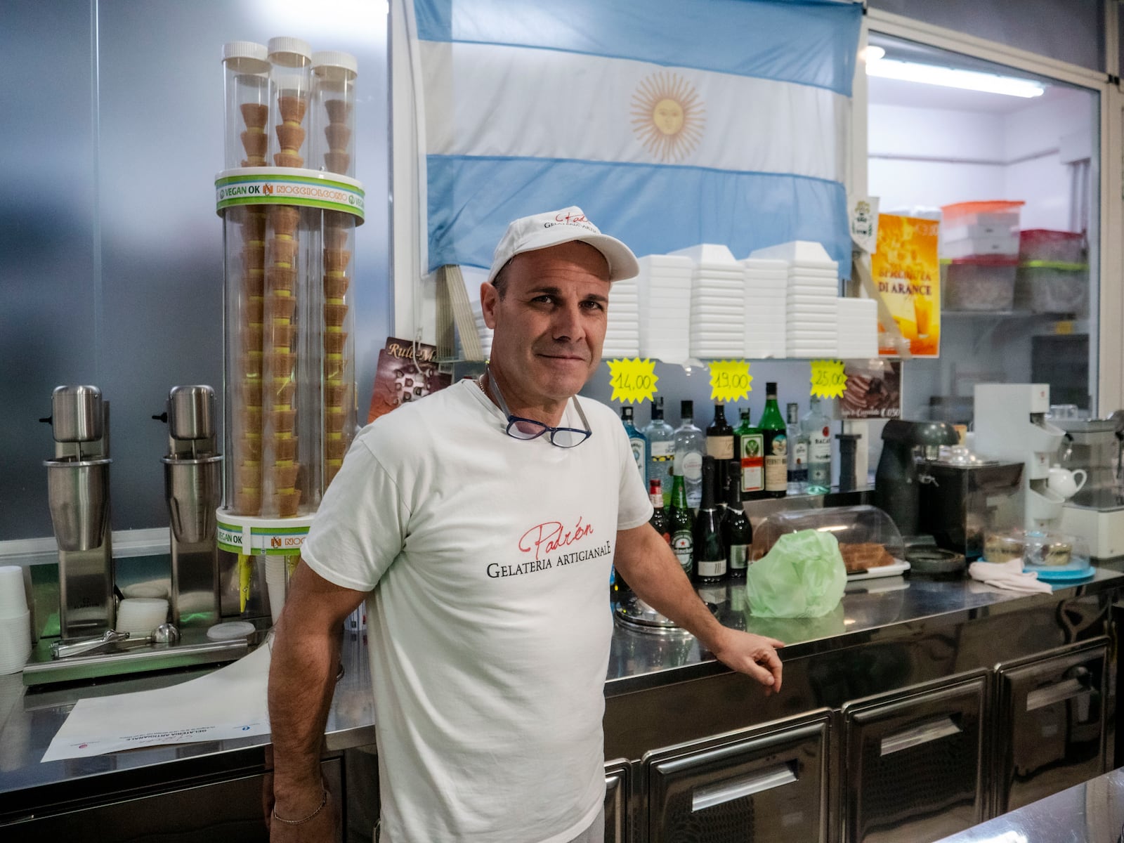 Sebastian Padrón, from La Plata, Argentina, poses in his ice cream in Rome, Tuesday, Feb. 25, 2025. (AP Photo/Paolo Santalucia)