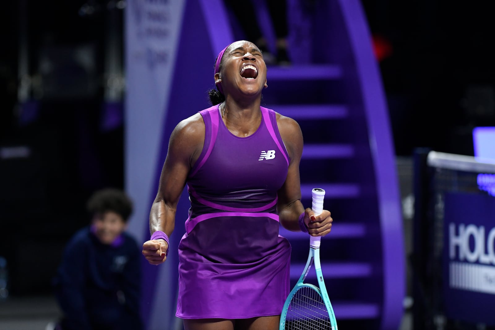 FILE - Coco Gauff of the U.S. reacts after winning against China's Qinwen Zheng in their women's singles final match of the WTA finals at the King Saud University Indoor Arena, in Riyadh, Saudi Arabia, Saturday, Nov. 9, 2024. (AP Photo, File)