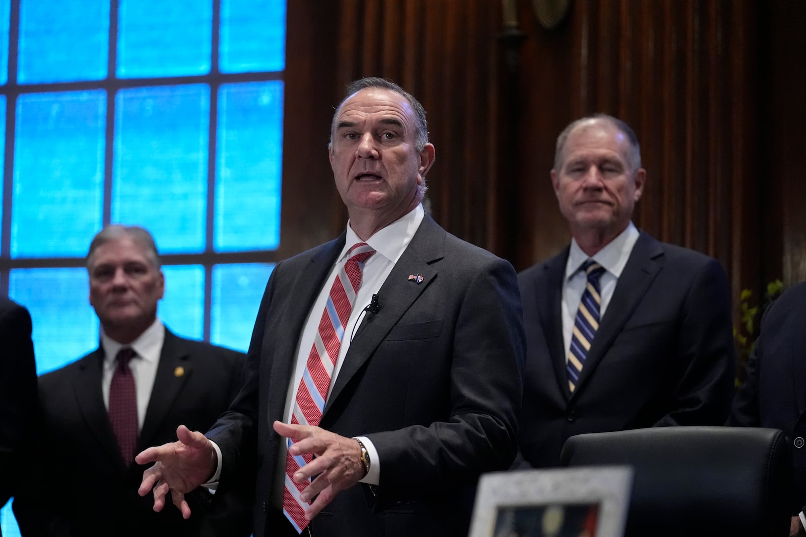 FILE - Gov. Mike Kehoe speaks in his office as he prepares to sign executive orders shortly after being sworn in as Missouri's 58th governor Monday, Jan. 13, 2025, in Jefferson City, Mo. (AP Photo/Jeff Roberson, file)