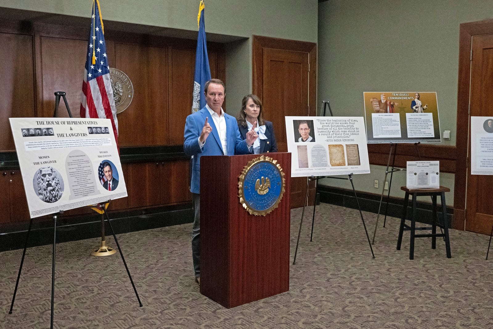 FILE - Louisiana Gov. Jeff Landry speaks alongside Louisiana Attorney General Liz Murrill during a press conference regarding the Ten Commandments in schools, Aug. 5, 2024, in Baton Rouge, La. (Hilary Scheinuk/The Advocate via AP, File)