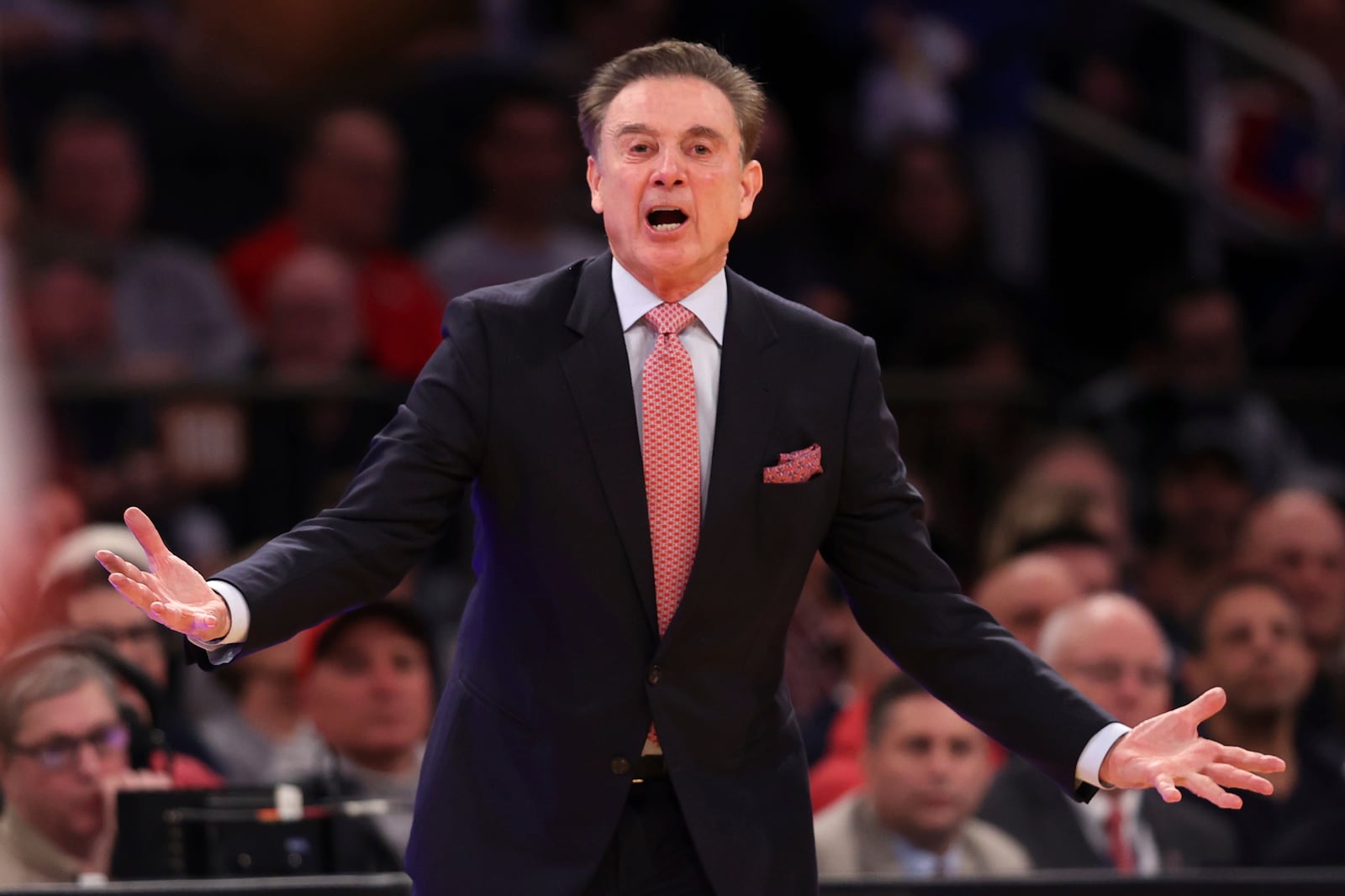 St. John's head coach Rick Pitino yells during the first half of an NCAA college basketball game against Butler in the quarterfinals of the Big East Conference tournament, Thursday, March 13, 2025, in New York. (AP Photo/Pamela Smith)