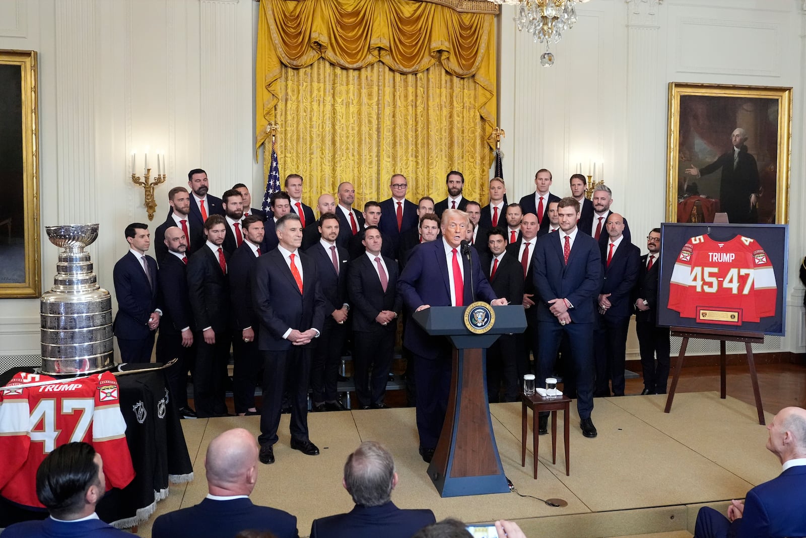 President Donald Trump speaks during a ceremony with the Florida Panthers NHL hockey team to celebrate their 2024 Stanley Cup victory in the East Room of the the White House, Monday, Feb. 3, 2025, in Washington. (AP Photo/Alex Brandon)