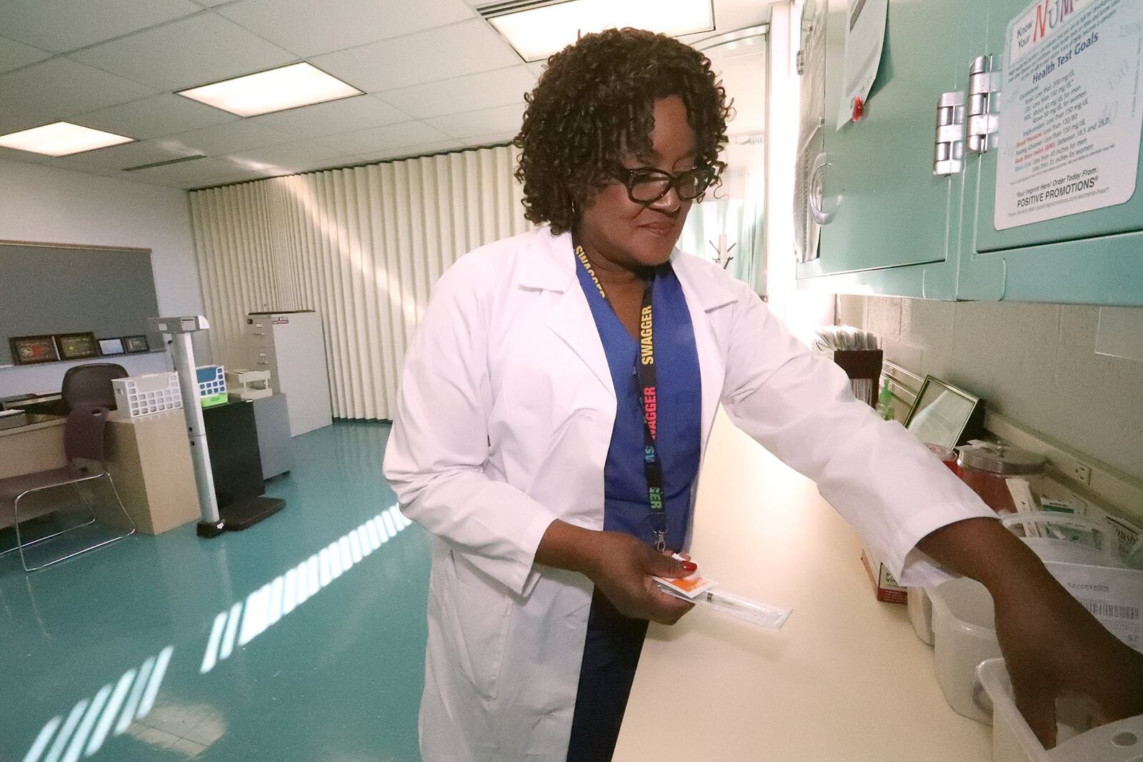 Vera Ruffin, RN, works in the Clark State Community College’s Health Clinic in the Applied Science Center on their Leffel Lane campus. Bill Lackey/Staff