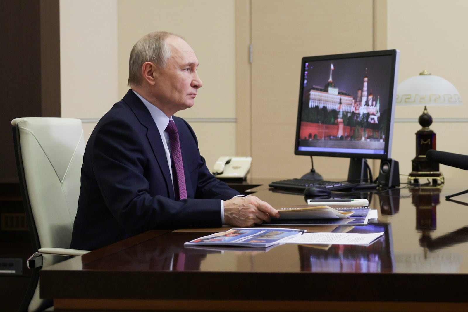 Russian President Vladimir Putin holds a video conference meeting with Bryansk Region Governor Alexander Bogomaz at the Novo-Ogaryovo state residence outside Moscow Russia, Thursday, Feb. 13, 2025. (Gavriil Grigorov, Sputnik, Kremlin Pool Photo via AP)