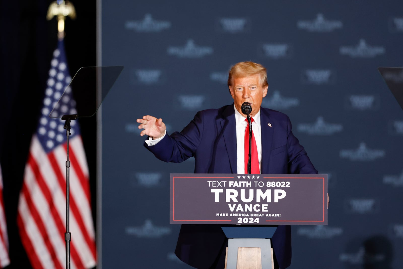 Republican presidential nominee former President Donald Trump speaks at a campaign rally in Concord, N.C., Monday, Oct. 21, 2024. (AP Photo/Nell Redmond)