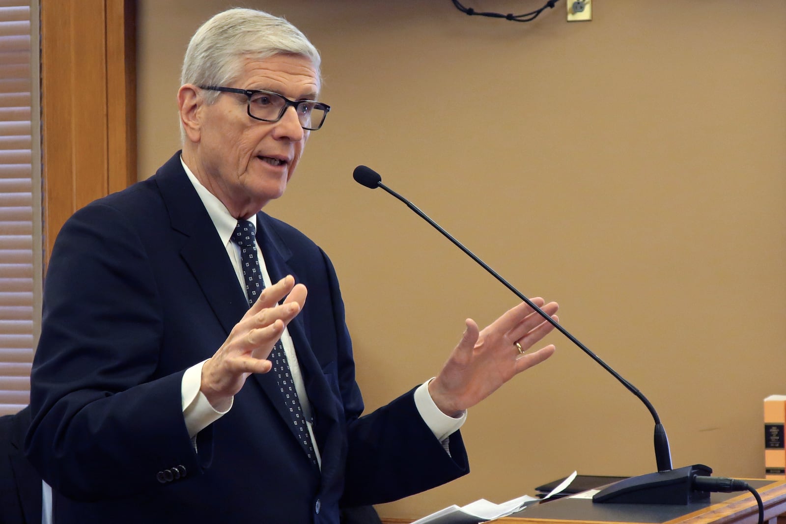 Fred Logan, a Kansas City-area attorney and a former Kansas Republican Party chair, urges a legislative committee not to scrap the current system of picking state Supreme Court justices in favor of electing them, Tuesday, Feb. 25, 2025, at the Statehouse in Topeka, Kans. (AP Photo/John Hanna)