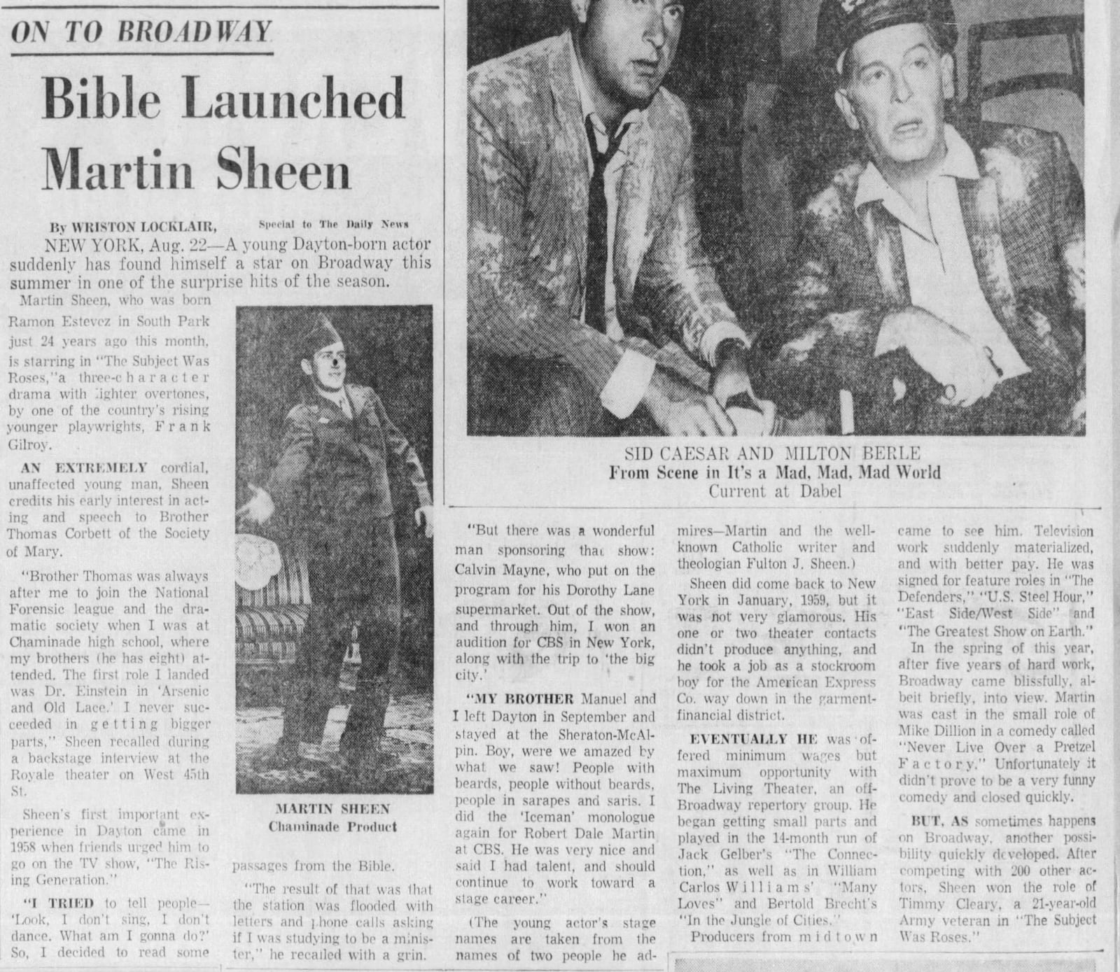 A Dayton Daily News story featuring Martin Sheen on Aug. 23, 1964.