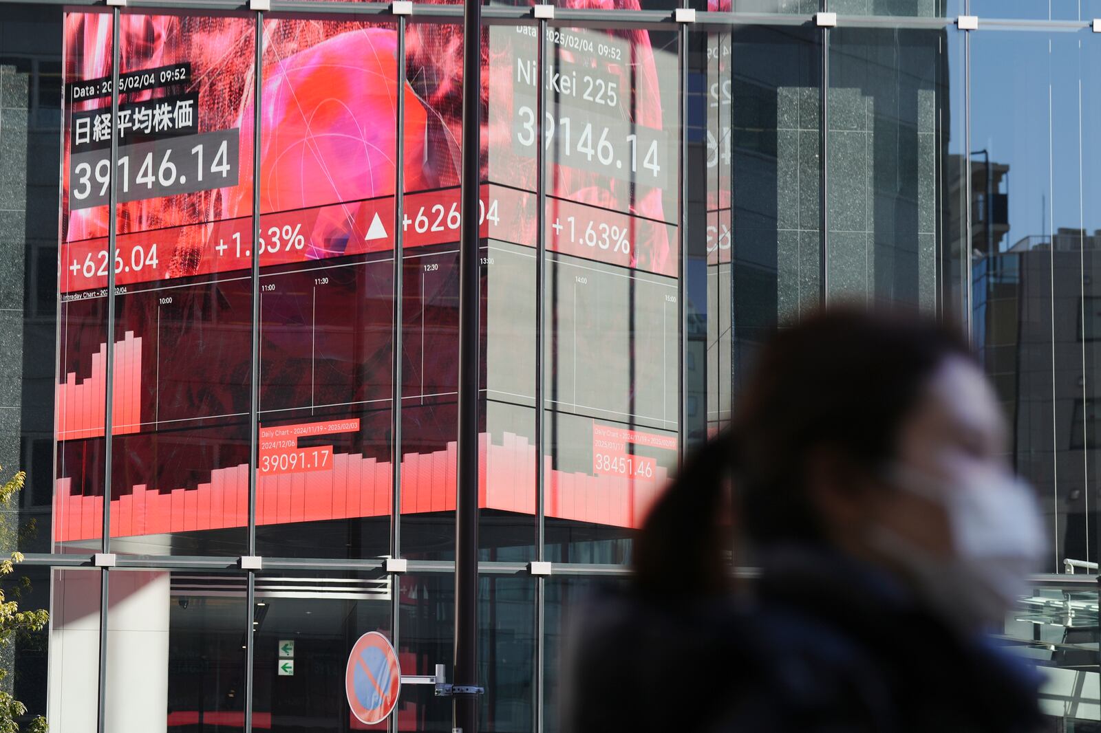 A person walks in front of an electronic stock board showing Japan's Nikkei index at a securities firm Tuesday, Feb. 4, 2025, in Tokyo. (AP Photo/Eugene Hoshiko)