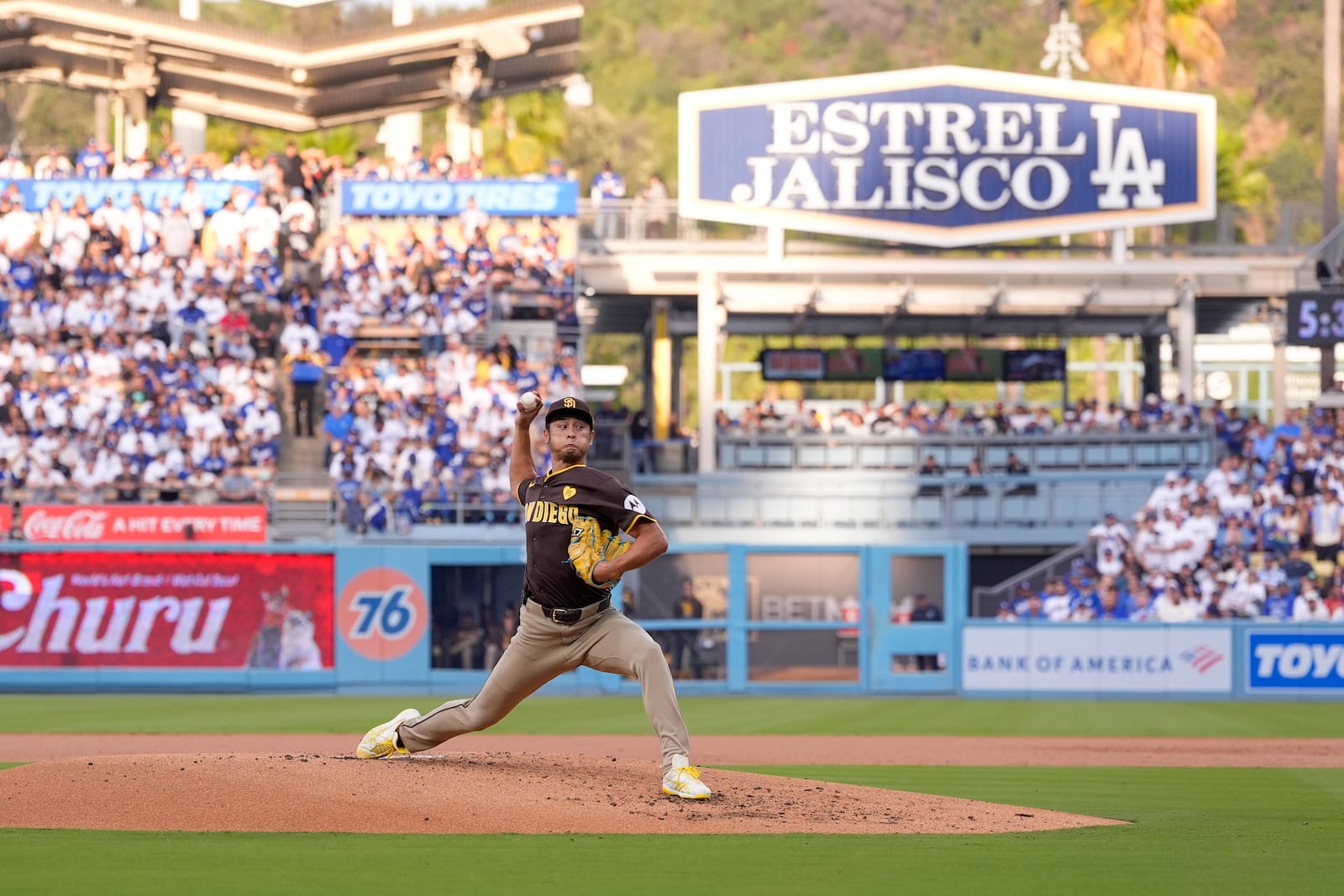 San Diego Padres pitcher Yu Darvish throws to a Los Angeles Dodgers batter during the second inning in Game 5 of a baseball NL Division Series Friday, Oct. 11, 2024, in Los Angeles. (AP Photo/Mark J. Terrill)