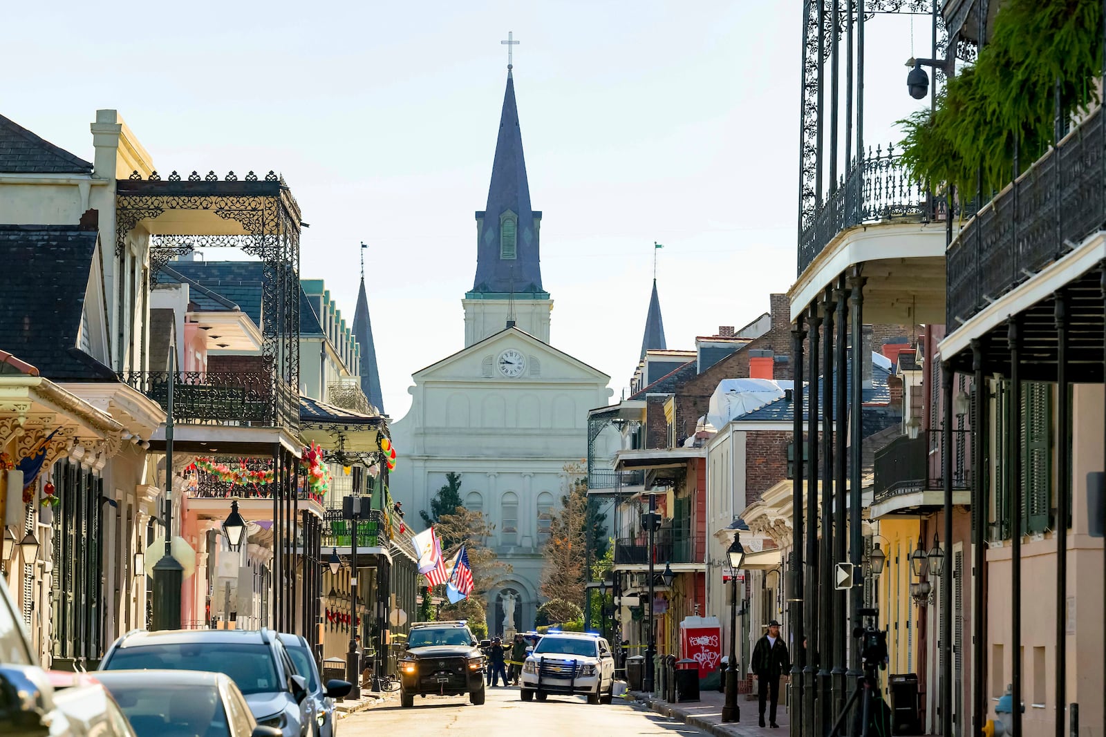 The St. Louis Cathedral is seen on Orleans St is seen in the French Quarter where a suspicious package was detonated after a person drove a truck into a crowd earlier on Bourbon Street on Wednesday, Jan. 1, 2025. (AP Photo/Matthew Hinton)