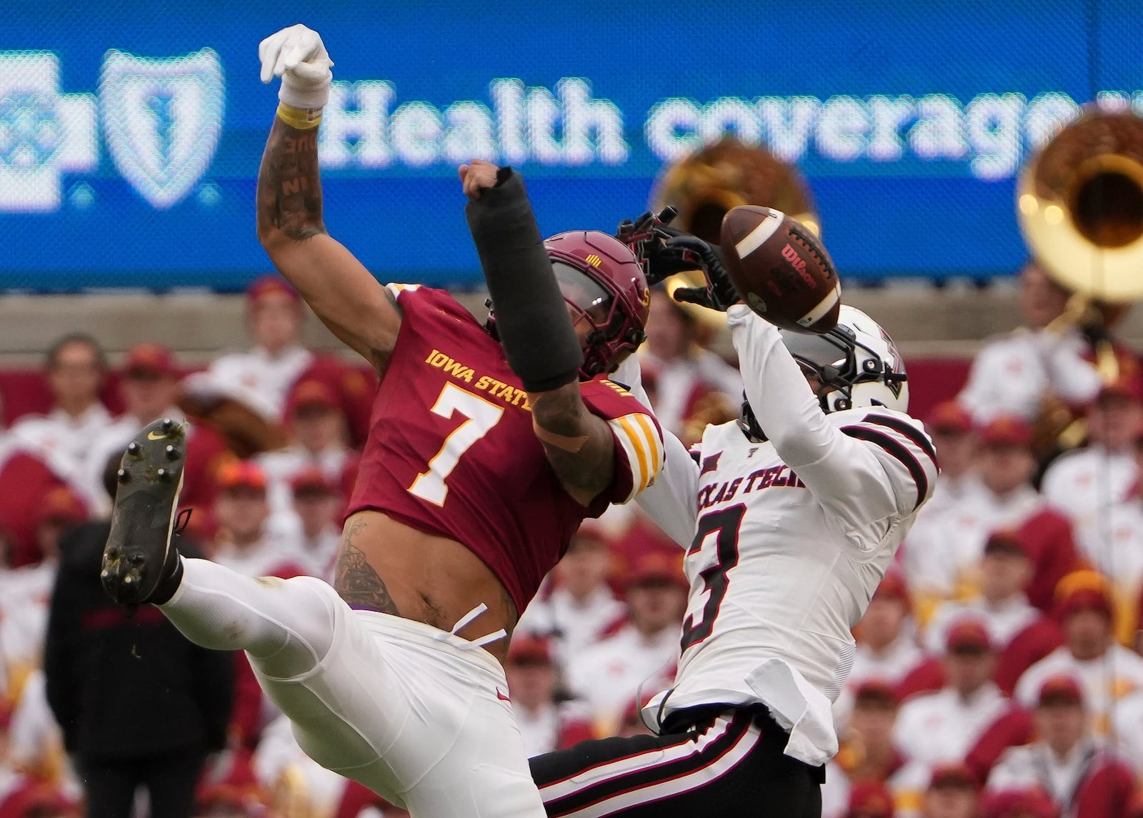 Iowa State defensive back Malik Vernon (7) knocks a pass away from Texas Tech wide receiver Josh Kelly (3) during the first half of an NCAA college football game, Saturday, Nov. 2, 2024, in Ames, Iowa. (AP Photo/Bryon Houlgrave)