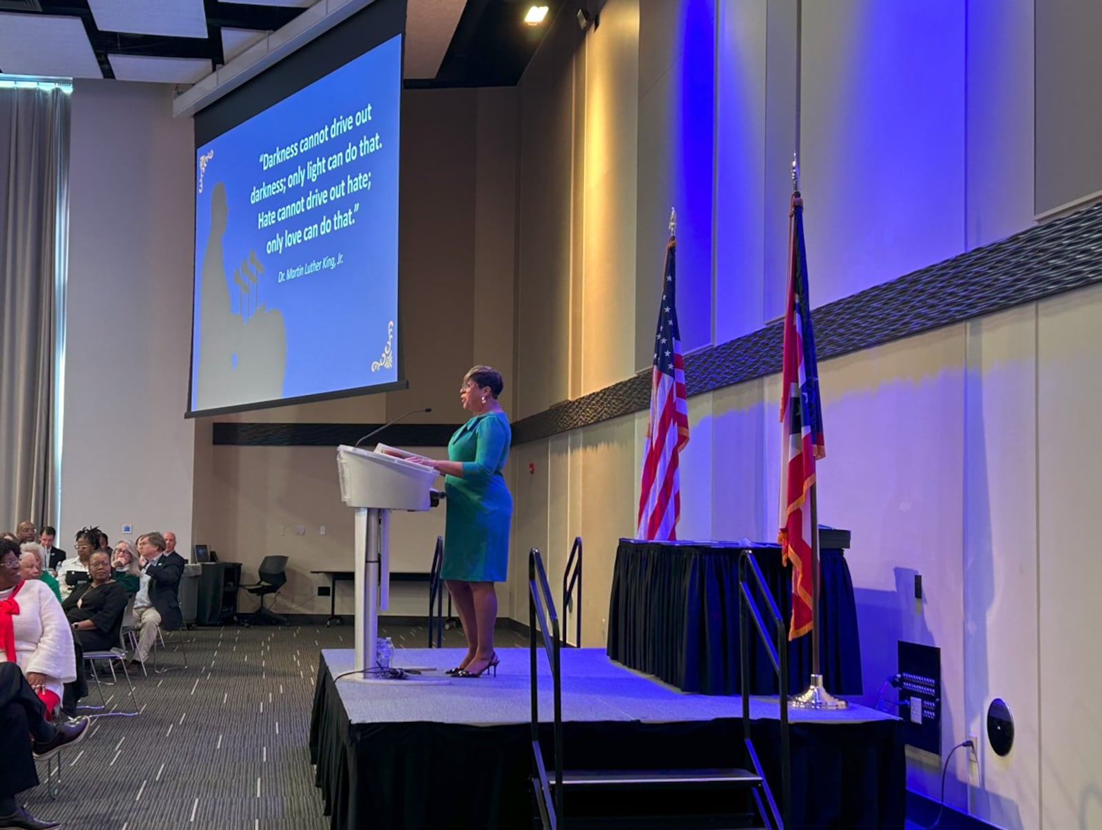 The Springfield community gathered Jan. 17 to celebrate the life and legacy of Martin Luther King Jr. at Clark State College's annual luncheon and awards ceremony, which included honoring MLK, youth peacemaker awards, three prestigious community members and organization awards, and keynote speaker Karen Townsend (pictured). Brooke Spurlock/Staff