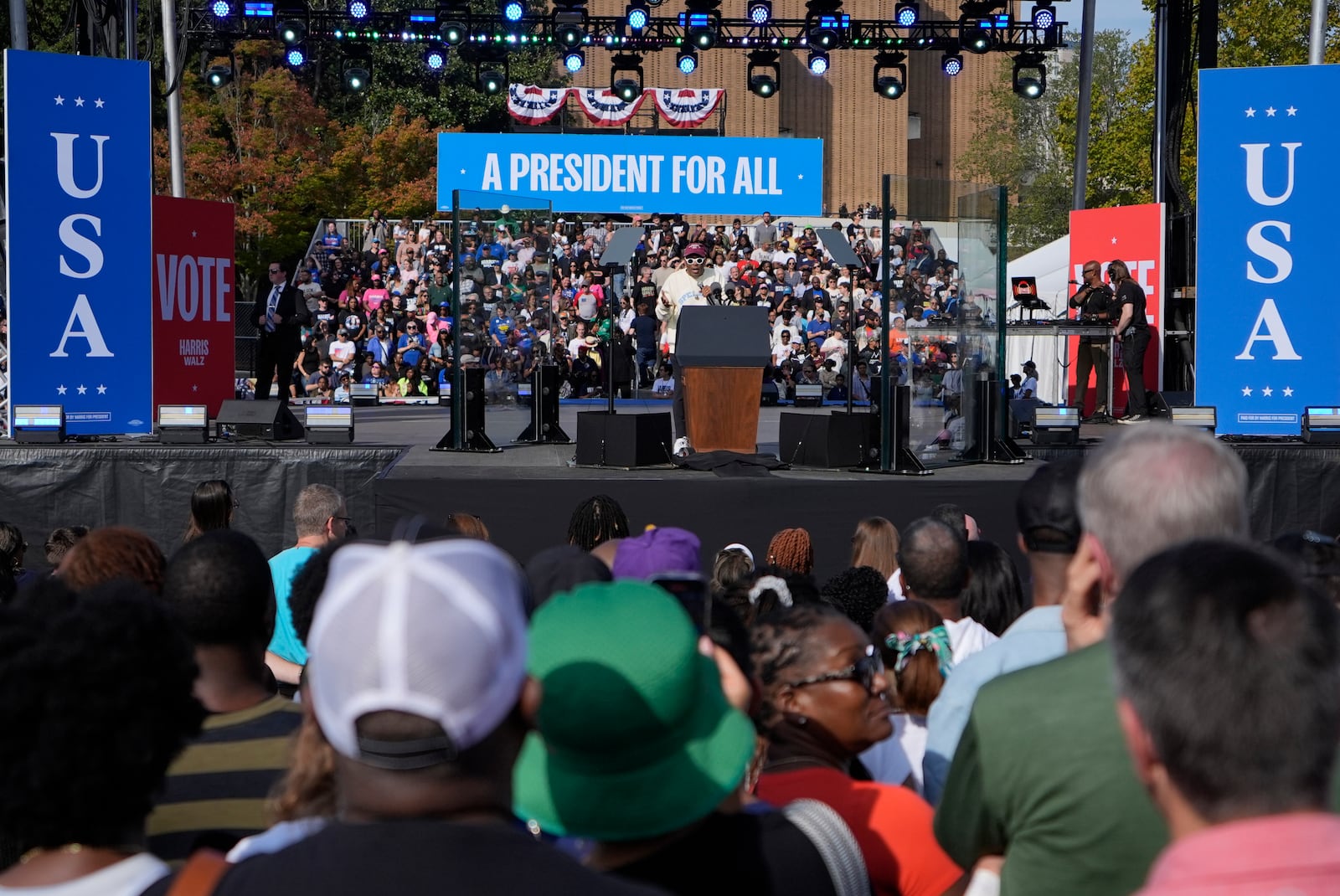 Spike Lee speaks at a campaign rally for Democratic presidential nominee Vice President Kamala Harris outside the Atlanta Civic Center, Saturday, Nov. 2, 2024. (AP Photo/Brynn Anderson)