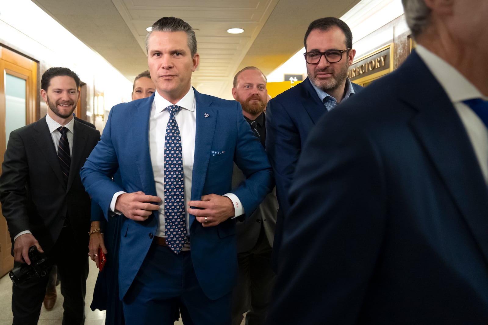 Pete Hegseth, President-elect Donald Trump's choice to be defense secretary, arrives for a meeting with Sen. Bill Cassidy, R-La., on Capitol Hill, Wednesday, Dec. 11, 2024, in Washington. (AP Photo/Mark Schiefelbein)