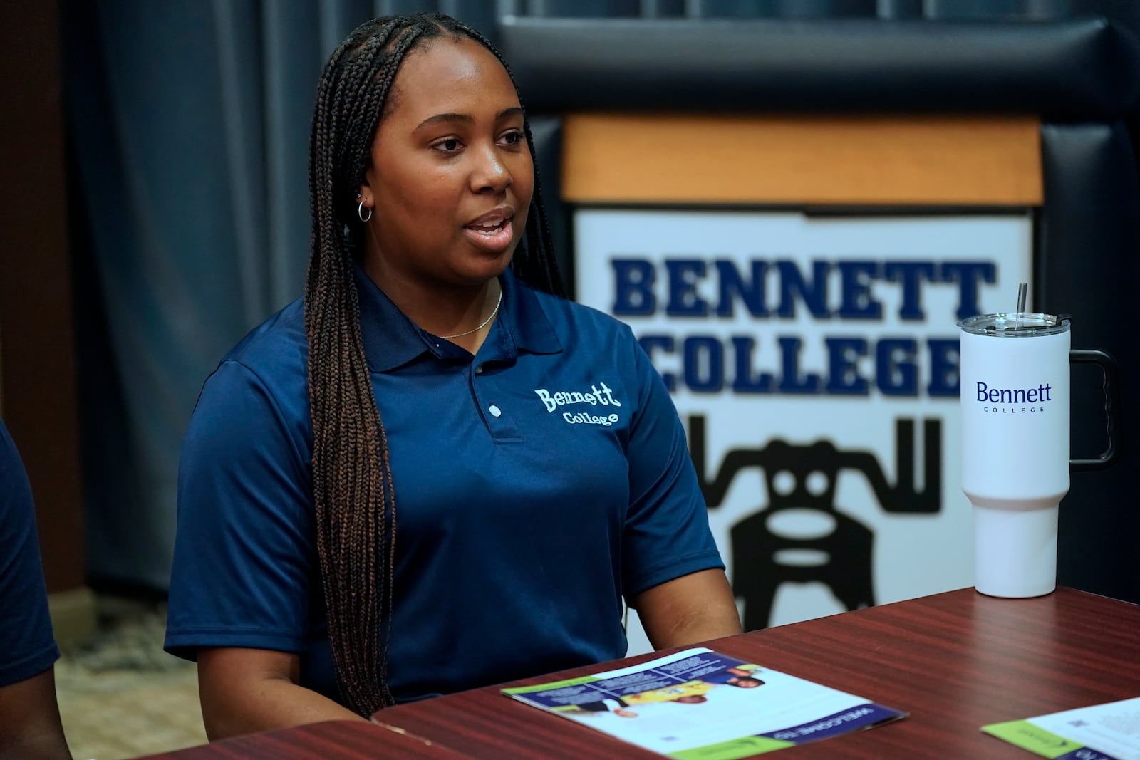 Bennett College student Lanell Jones responds to a question during a roundtable in Greensboro, N.C., Tuesday, Oct. 8, 2024. (AP Photo/Chuck Burton)