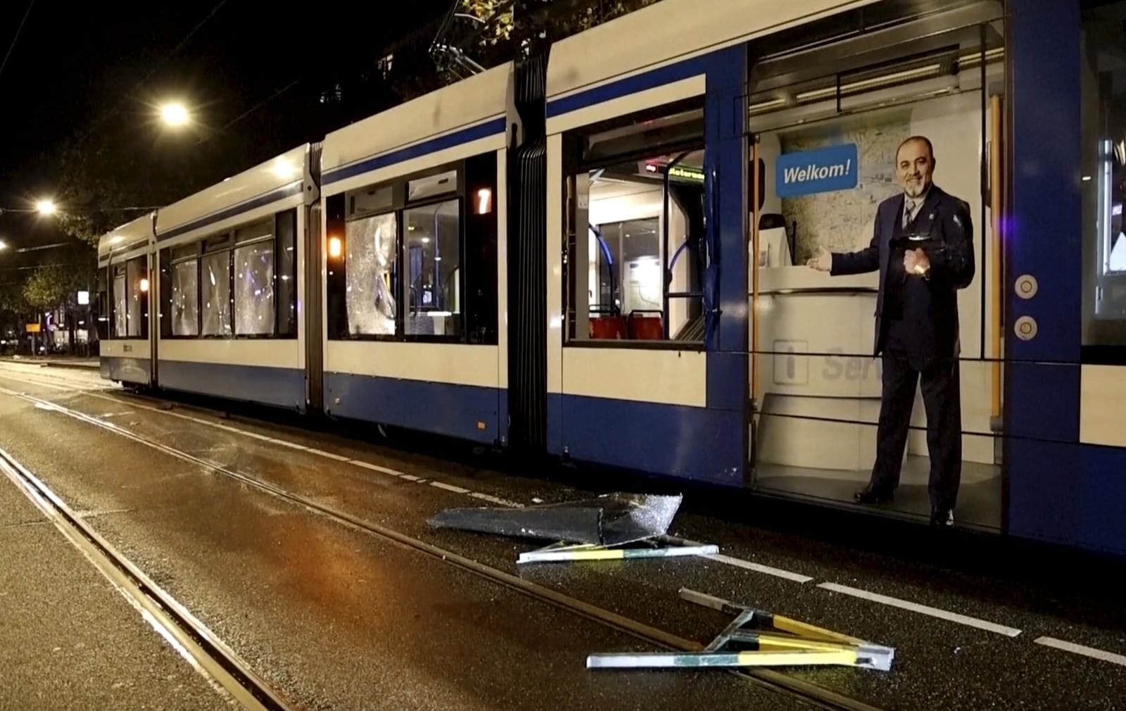 This image taken from video shows a damaged tram in Amsterdam, Monday Nov. 11, 2024, as the city is facing tensions following violence last week. (AP Photo)