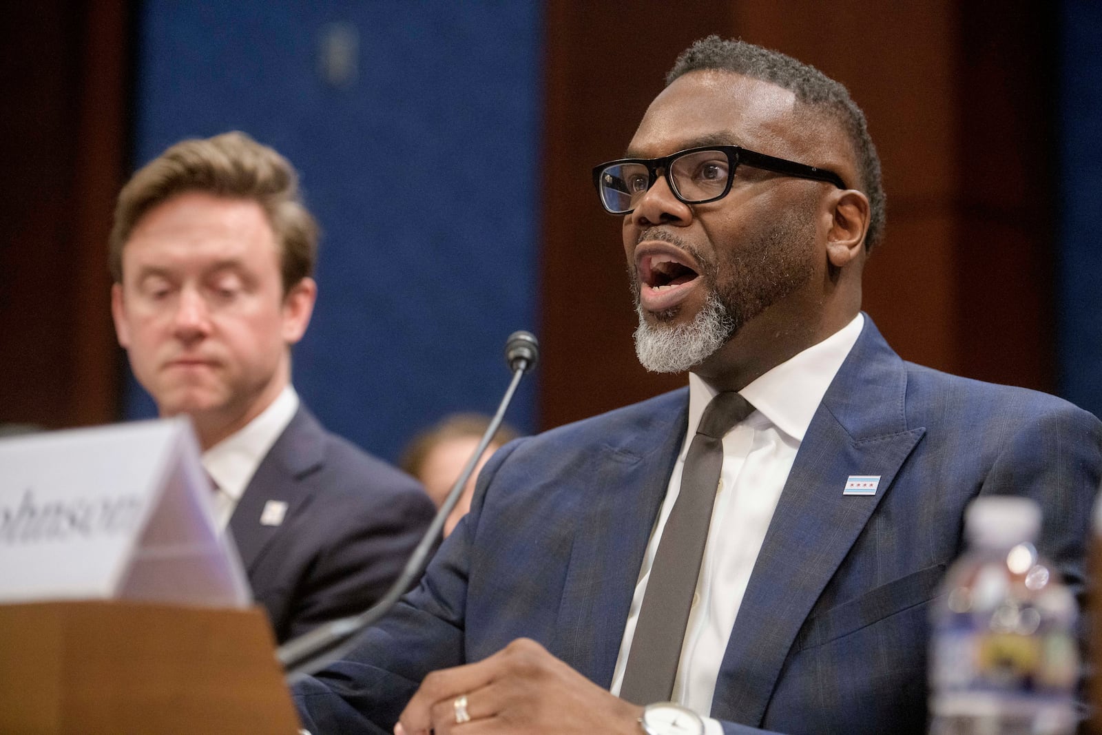 Chicago Mayor Brandon Johnson responds to questions during a House Committee on Oversight and Government Reform hearing with Sanctuary City Mayors on Capitol Hill, Wednesday, March 5, 2025, in Washington. (AP Photo/Rod Lamkey, Jr.)