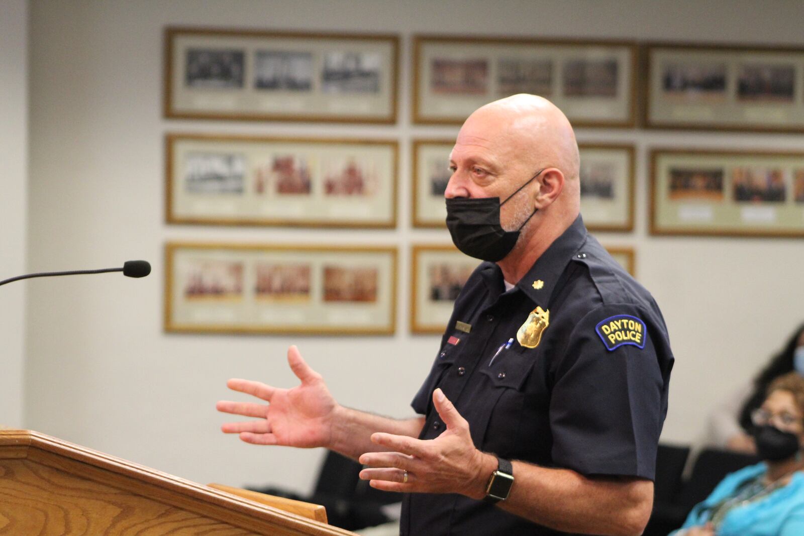 Dayton police Major Paul Saunders discusses automated license plate readers during a public hearing. CORNELIUS FROLIK / STAFF