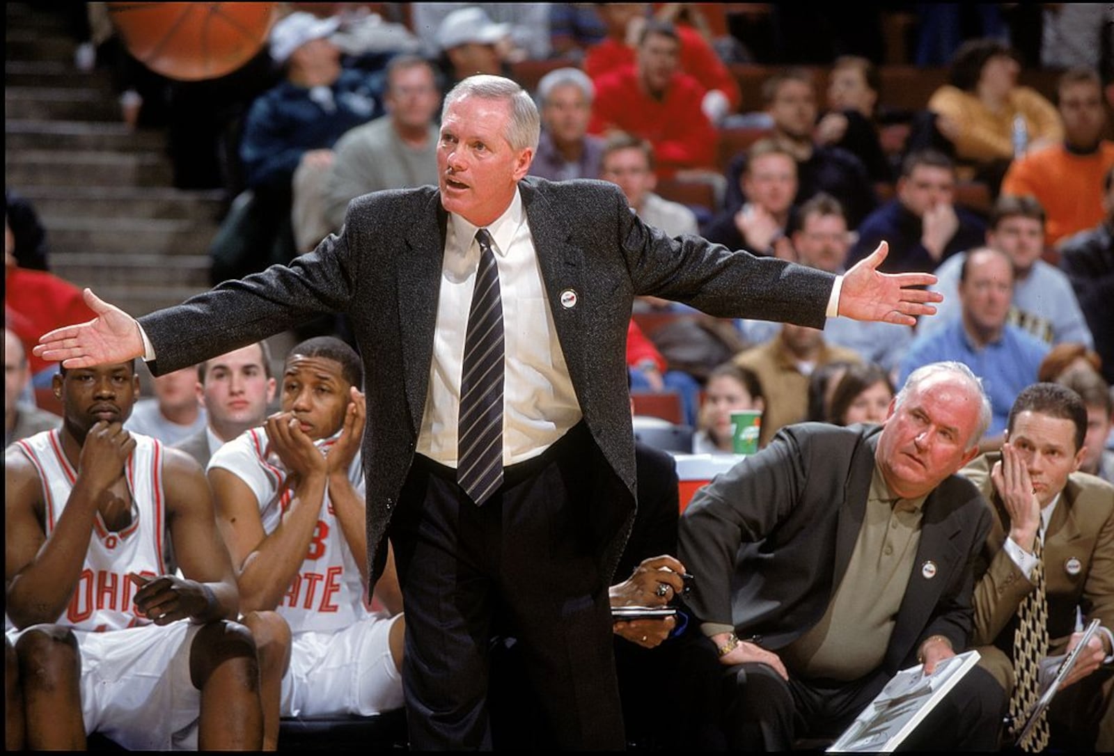 9 Mar 2001: Head Coach Jim O”Brien of the Ohio State Buckeyes reacts from the sidelines during the Big Ten Tournament Game against the Iowa Hawkeyes at the United Center in Chicago, Illinois. The Hawkeyes defeated the Buckeyes 75-66.Mandatory Credit: Jonathan Daniel /Allsport