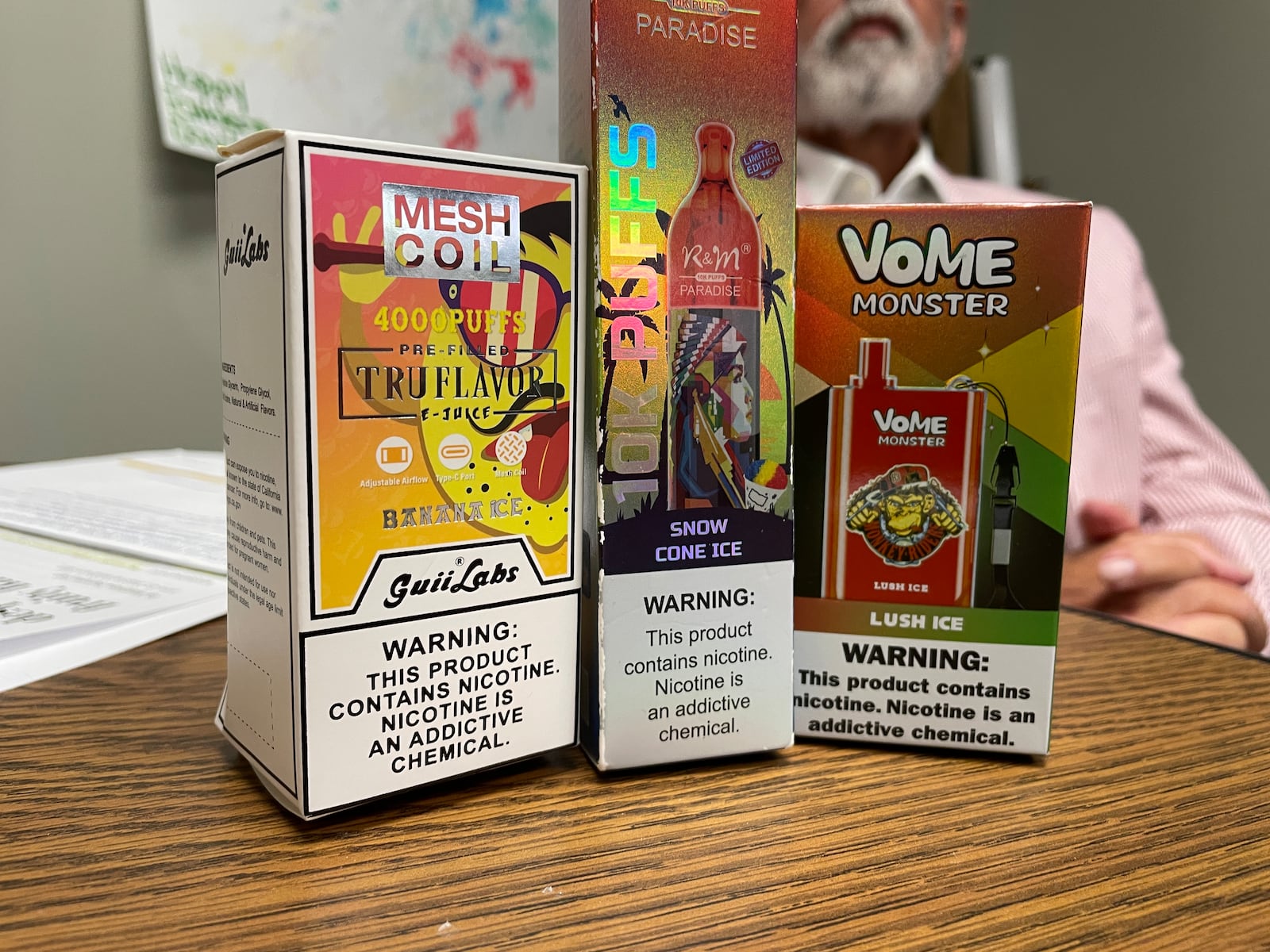 Examples of flavored electronic cigarettes, or vapes, which experts say are being targeted toward adolescents and youth. One of the disposable vapes said it has the capacity of 10,000 "puffs," which is equivalent to 50 packs of cigarettes, according to one expert from  Montgomery County ADAMHS. SAMANTHA WILDOW\STAFF