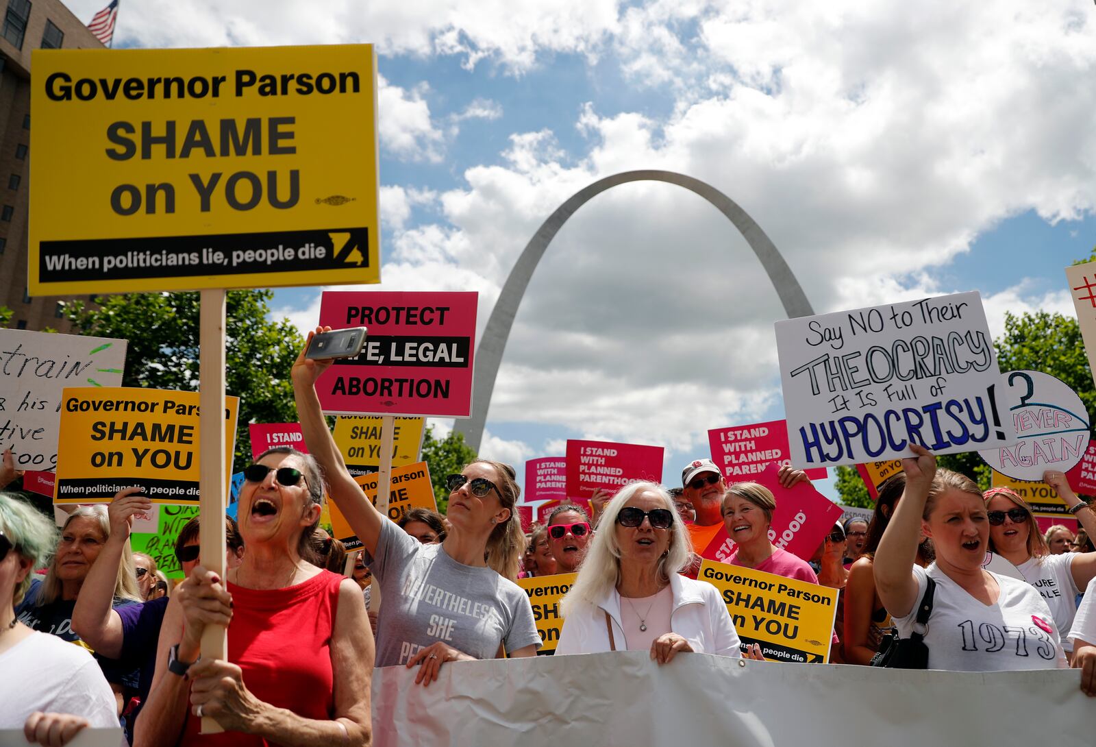 FILE - Abortion-rights supporters take part in a protest on May 30, 2019, in St. Louis. (AP Photo/Jeff Roberson, File)