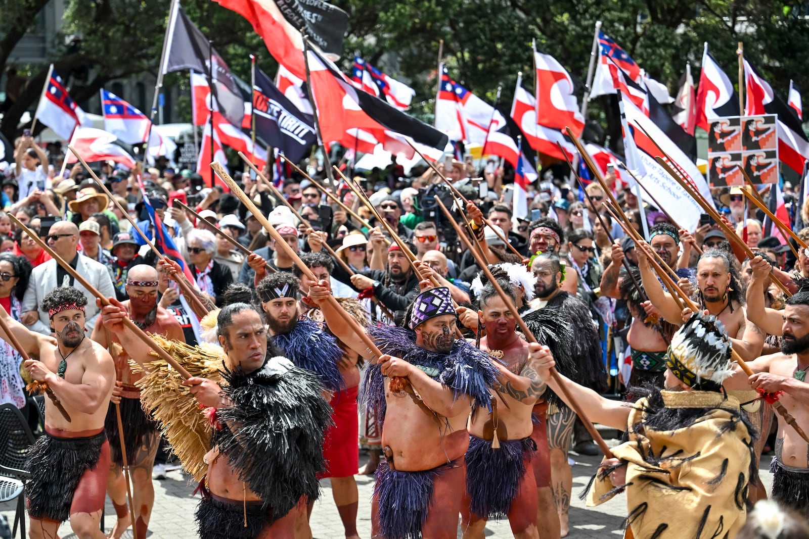 Indigenous Māori people protest outside Parliament against a proposed law that would redefine the country's founding agreement between Indigenous Māori and the British Crown, in Wellington, New Zealand, Tuesday, Nov. 19, 2024. (AP Photo/Mark Tantrum)