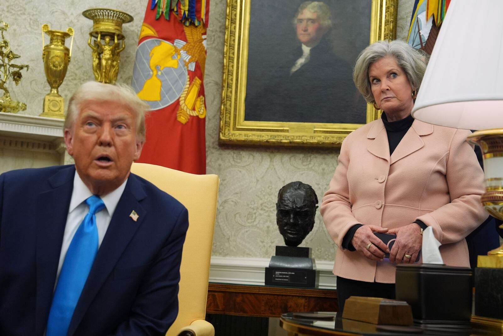 White House chief of staff Susie Wiles listens as President Donald Trump meets with Israel's Prime Minister Benjamin Netanyahu in the Oval Office of the White House, Tuesday, Feb. 4, 2025, in Washington. (AP Photo/Evan Vucci)