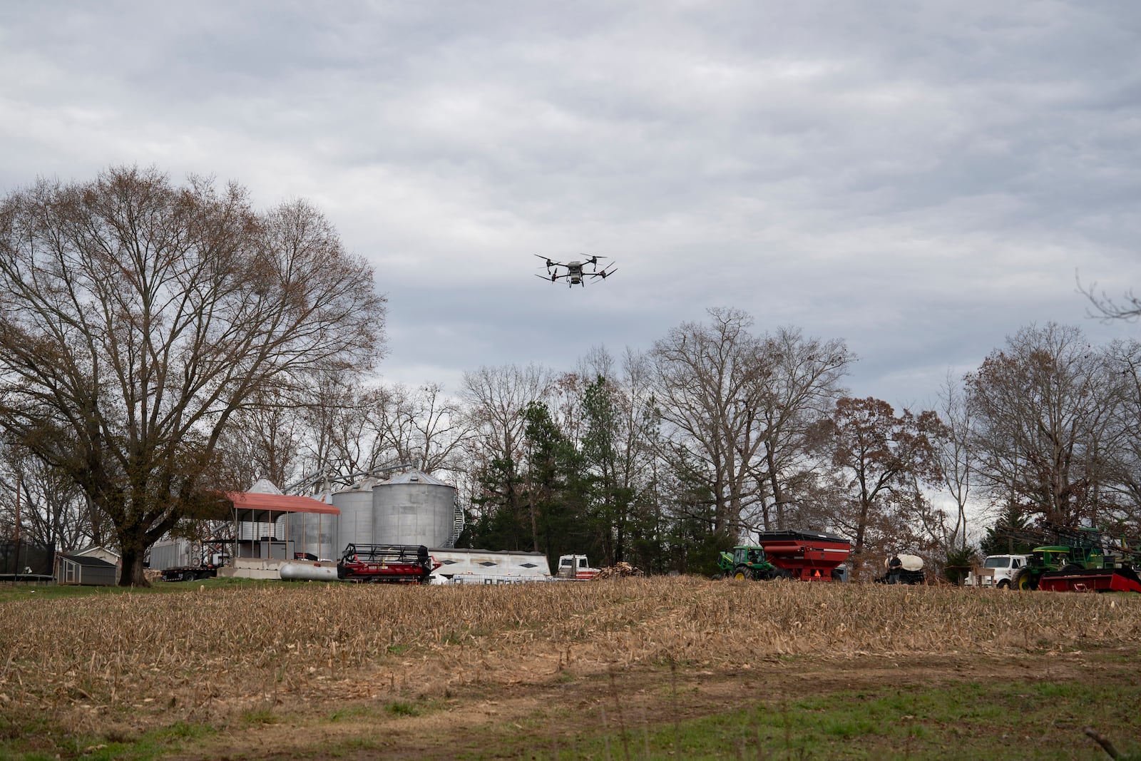 Russell Hedrick's DJI drone puts crop cover on his farm, Tuesday, Dec. 17, 2024, in Hickory, N.C. (AP Photo/Allison Joyce)