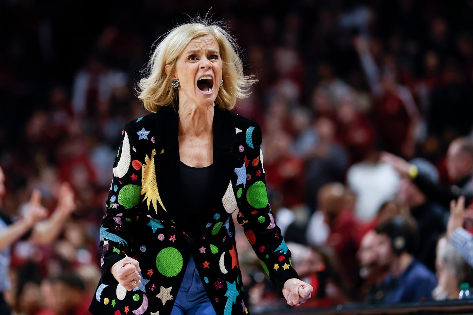 LSU head coach Kim Mulkey reacts during the second half of an NCAA college basketball game against South Carolina in Columbia, S.C., Friday, Jan. 24, 2025. (AP Photo/Nell Redmond)