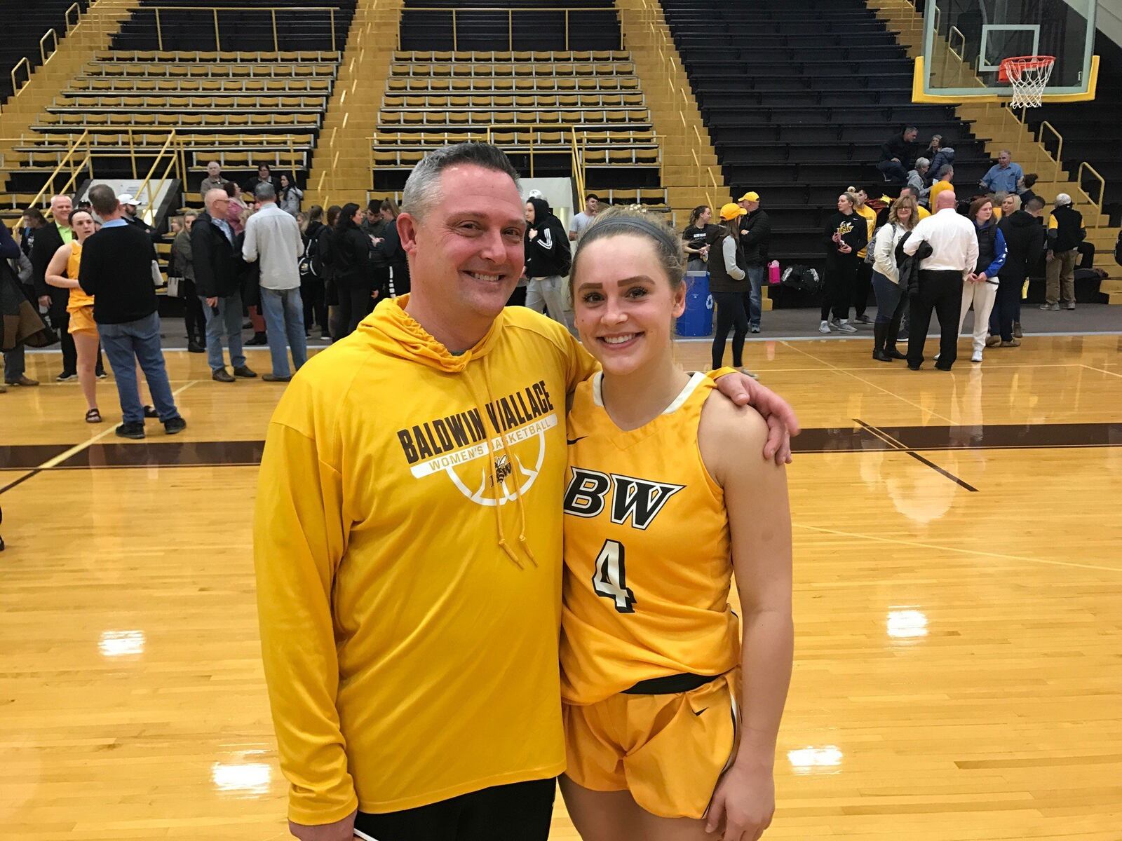 Baldwin Wallace women’s basketball player Kasey Hughes, a Springboro High School grad, with her dad, Kevin Hughes, at Baldwin Wallace on Wednesday, Feb. 12, 2020. Hughes, a 5-foot-4 point guard, scored 12 points and had three steals in No. 12 Baldwin-Wallace’s 80-77 win over No. 21 John Carroll at the Ursprung Gymnasium. Tom Archdeacon/CONTRIBUTED