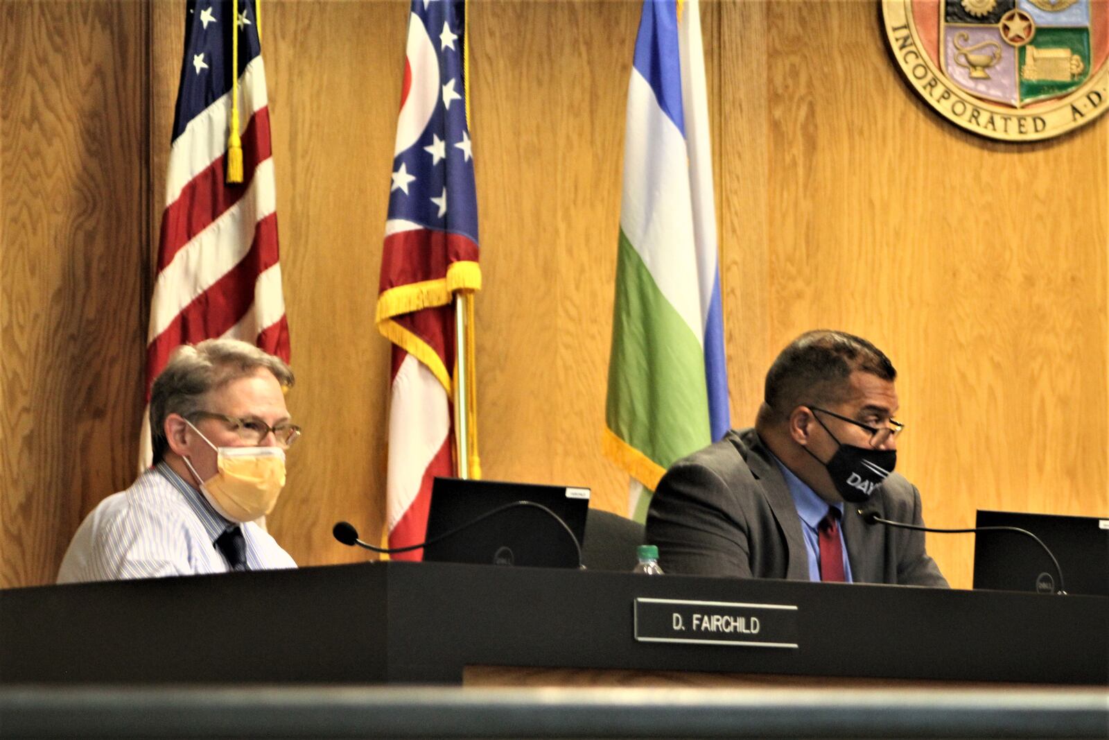 Dayton City Commissioners Darryl Fairchild and Chris Shaw during a public hearing on automated license plate readers. CORNELIUS FROLIK / STAFF