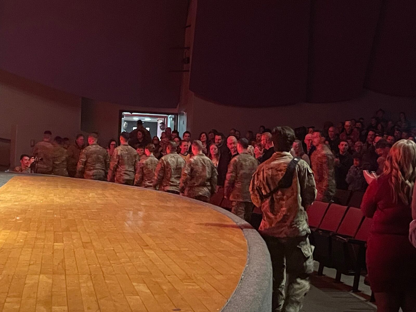 Members of the Ohio Army National Guard’s 234th Military Police Company file out of the Franklin Junior High School auditorium Saturday, Feb. 15, 2025, following a call to duty ceremony. JEN BALDUF/STAFF