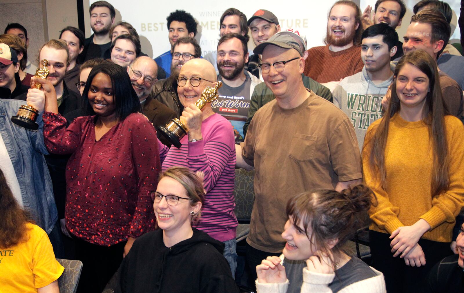 Julia Reichert and Steven Bognar, the Yellow Springs duo won an Oscar in the documentary feature category for “American Factory,” returned to Wright State University last week, meeting with Wright State theater students. The couple brought their Oscar statuettes for the students to pass around. LISA POWELL / STAFF