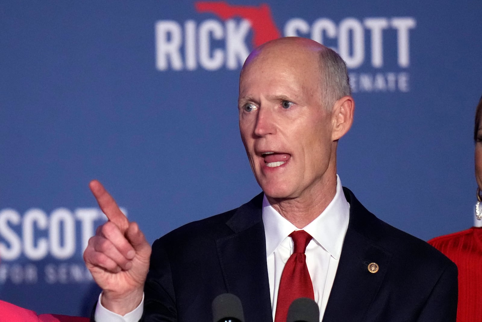 Sen. Rick Scott, R-Fla., speaks at a campaign watch party on election night Tuesday, Nov. 5, 2024, in Bonita Springs, Fla. (AP Photo/Chris O'Meara)