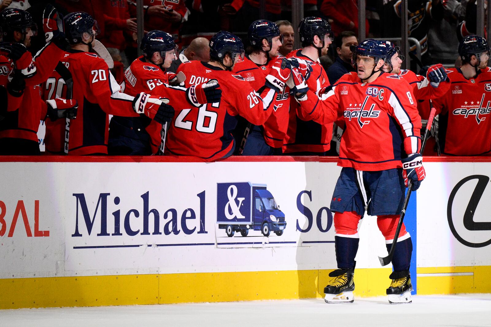 Washington Capitals left wing Alex Ovechkin (8) celebrates his goal during the second period of an NHL hockey game against the Minnesota Wild, Thursday, Jan. 2, 2025, in Washington. (AP Photo/Nick Wass)