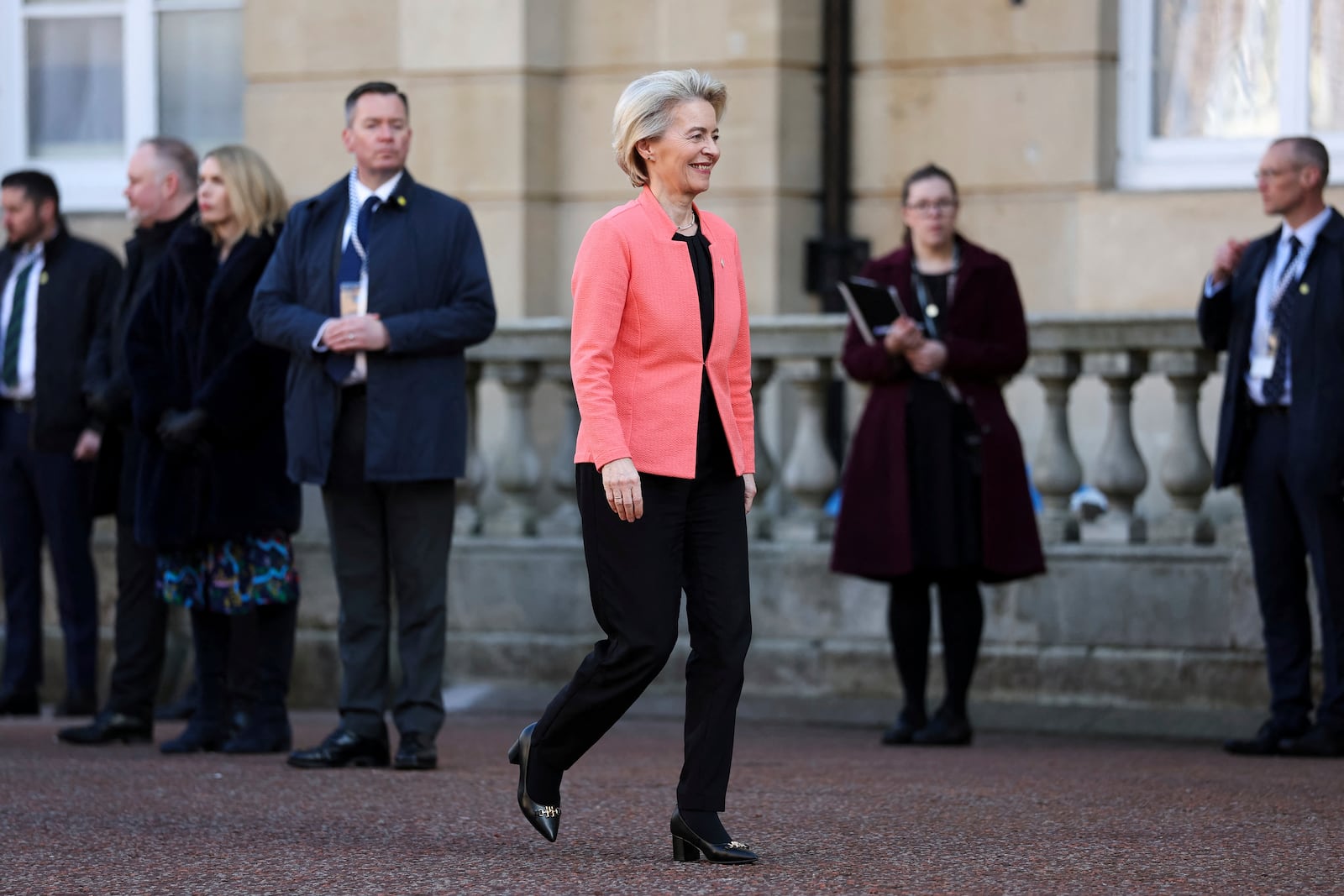 European Commission President Ursula von der Leyen arrives for the European leaders' summit to discuss Ukraine, hosted by Britain's Prime Minister Keir Starmer, at Lancaster House, London, Sunday March 2, 2025. (Toby Melville/Pool via AP)