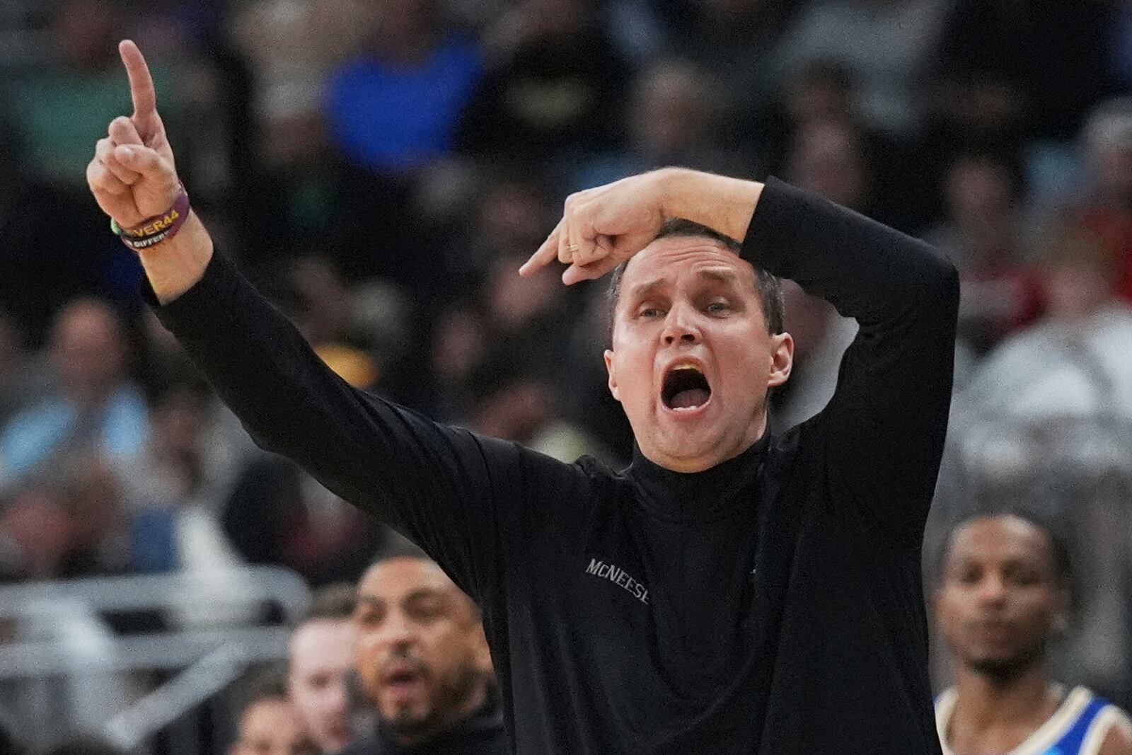 McNeese State head coach Will Wade calls to his players during the first half in the first round of the NCAA college basketball tournament, Thursday, March 20, 2025, in Providence, R.I. (AP Photo/Charles Krupa)