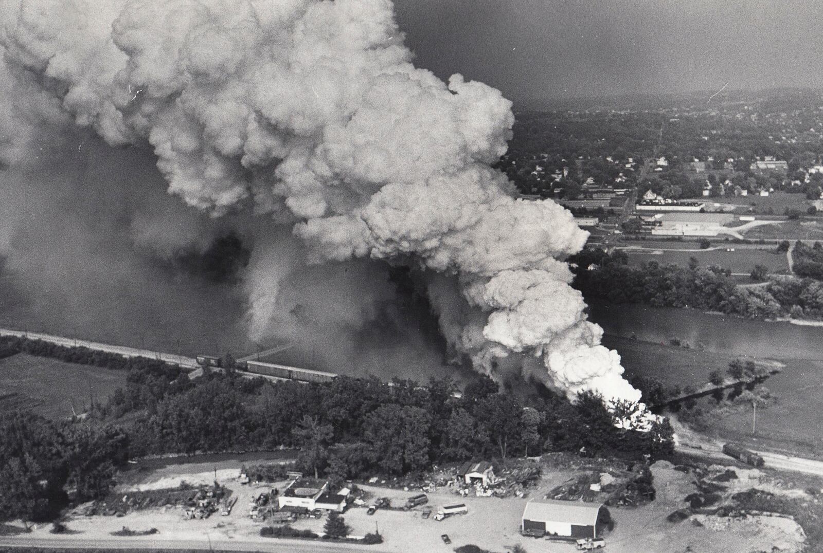 A CSX train derailed in Miamisburg on July 8, 1986, igniting a fire that sent phosphorous smoke plumes across the region and forcing the evacuation of about 30,000 people. DAYTON DAILY NEWS FILE PHOTO