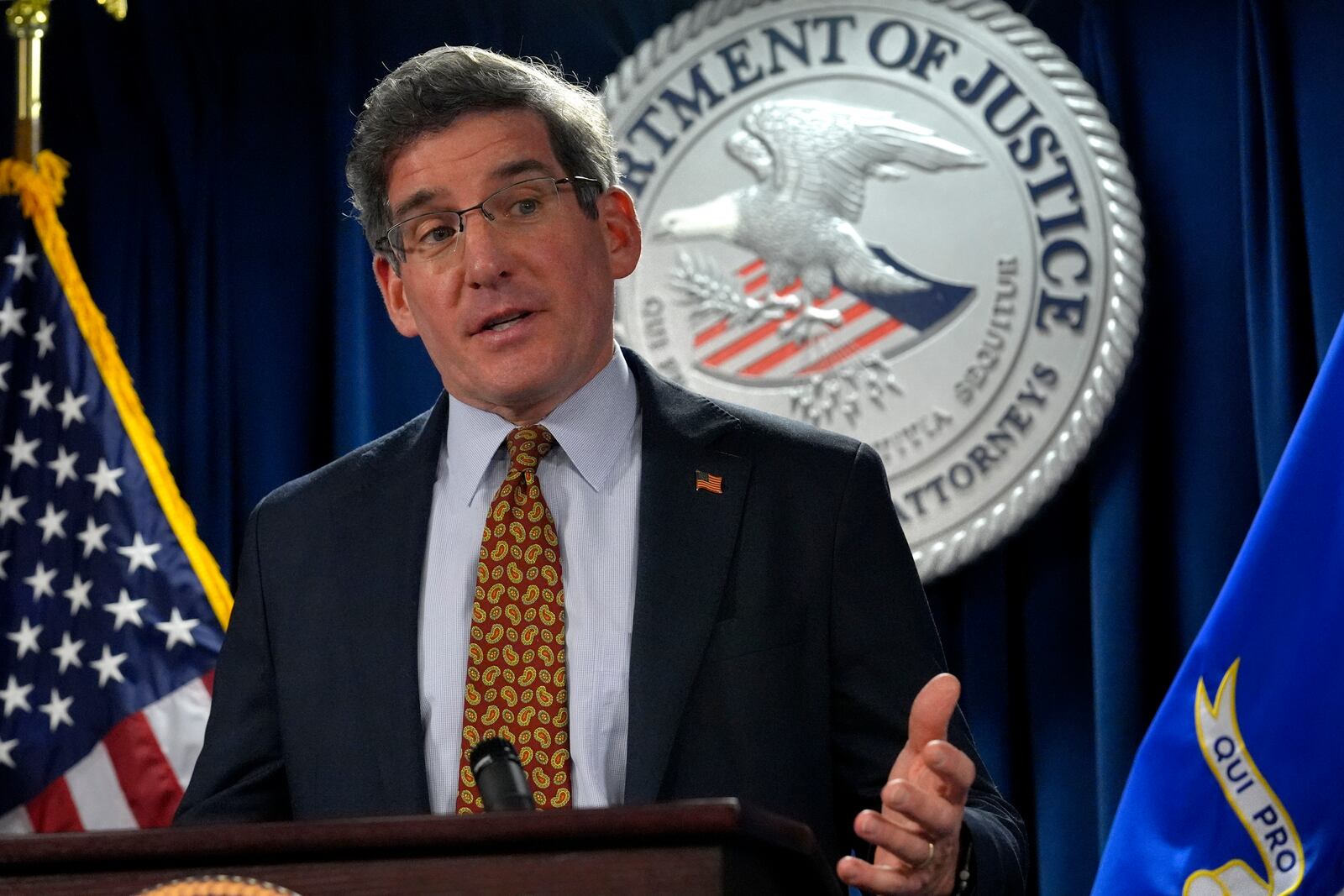 U.S. Attorney District of Massachusetts Joshua Levy takes questions from reporters during a news conference, Monday, Dec. 16, 2024, at the federal courthouse, in Boston. (AP Photo/Steven Senne)