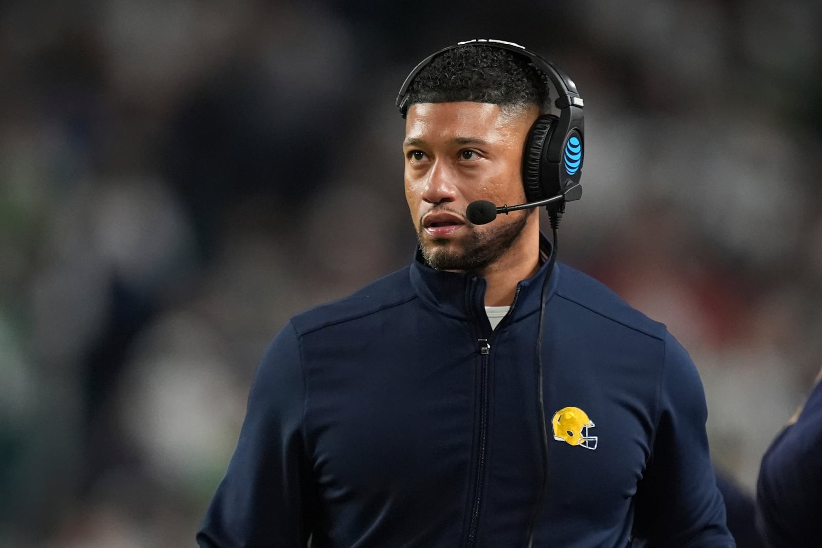 Notre Dame head coach Marcus Freeman looks up during the first half of the Orange Bowl NCAA College Football Playoff semifinal game against Penn State, Thursday, Jan. 9, 2025, in Miami Gardens, Fla. (AP Photo/Rebecca Blackwell)