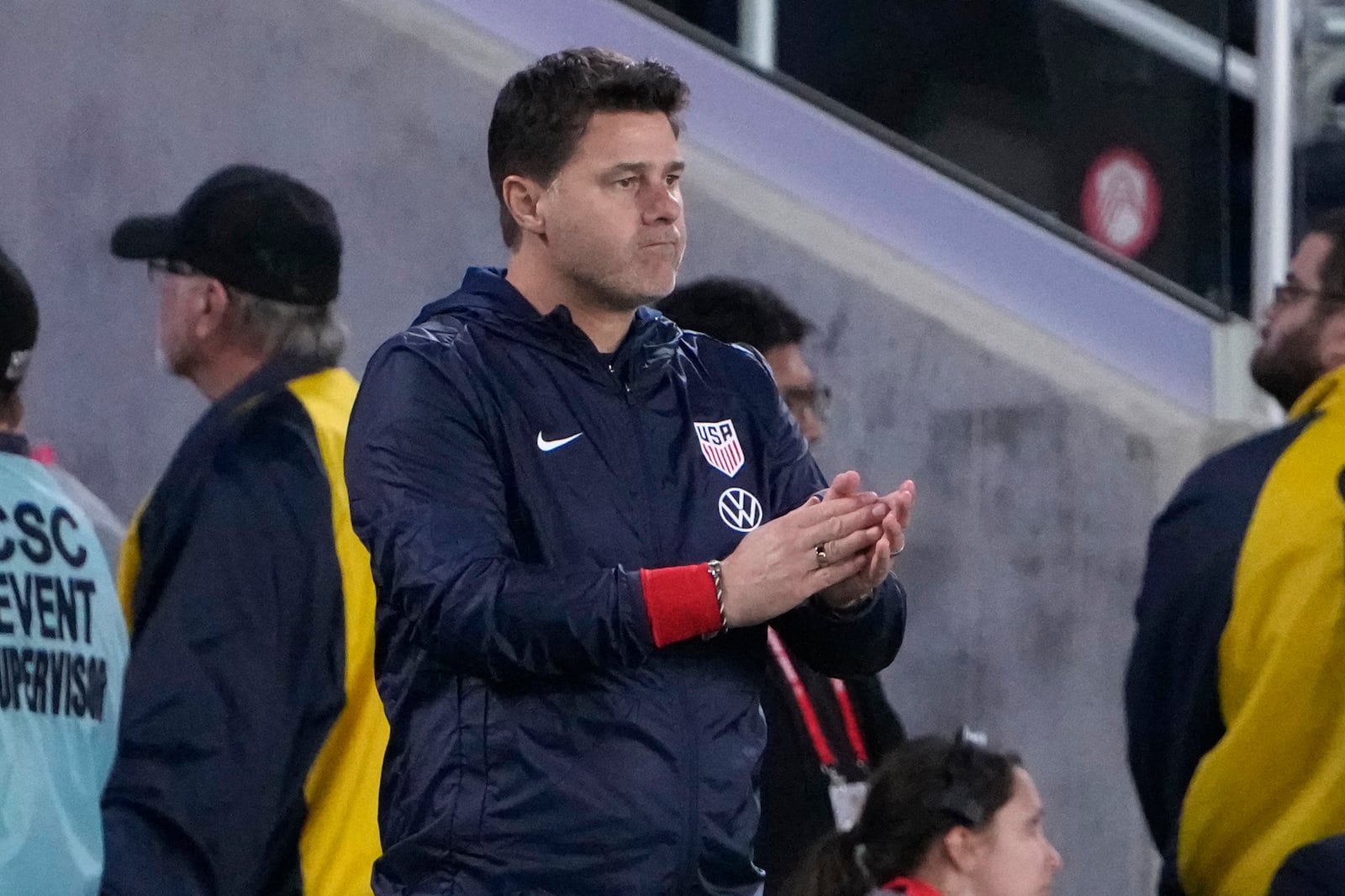 United States head coach Mauricio Pochettino watches from the sideline during the first half in a CONCACAF Nations League quarterfinal second leg soccer match against Jamaica Monday, Nov. 18, 2024, in St. Louis. (AP Photo/Jeff Roberson)