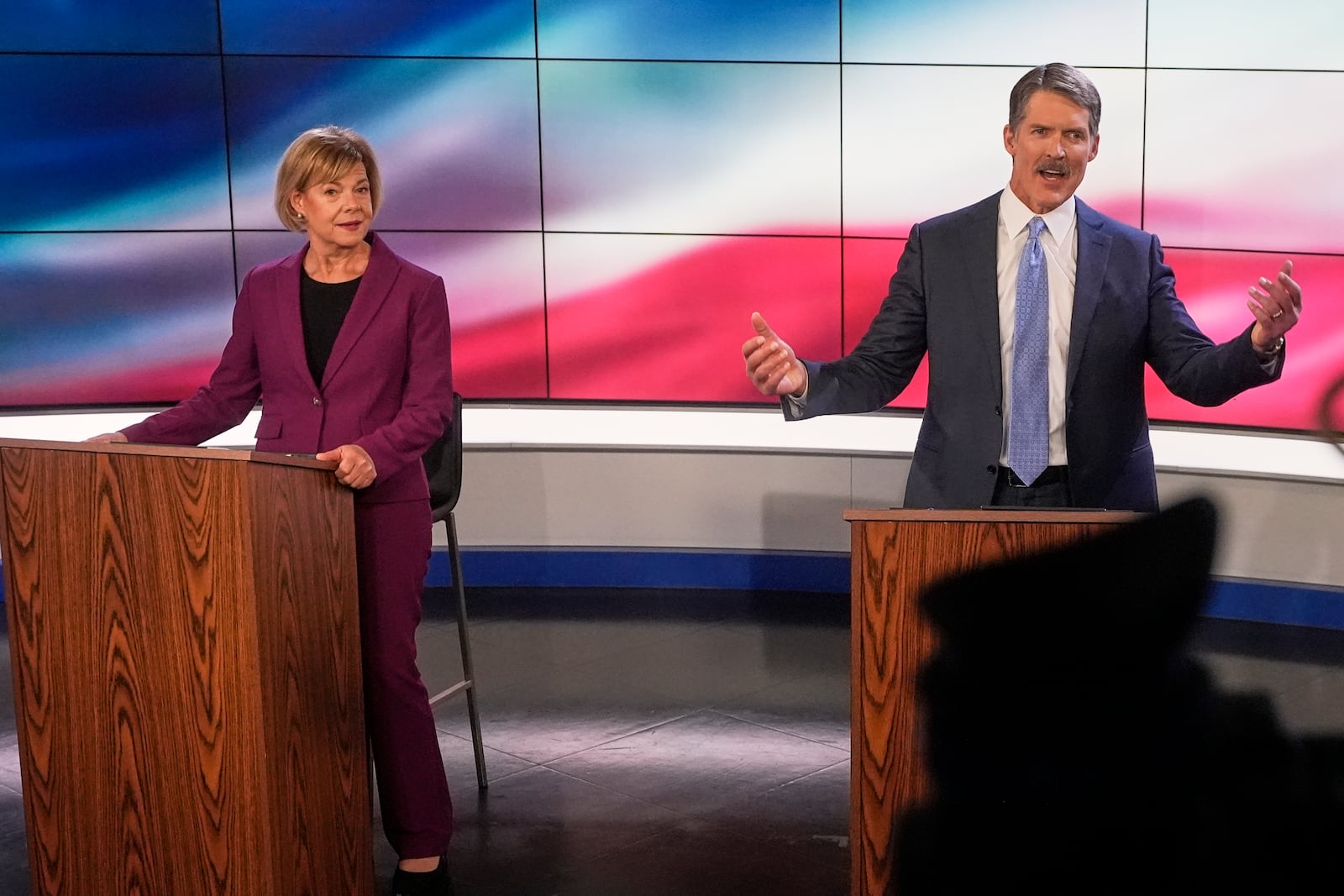 Wisconsin Senate candidates Republican Eric Hovde and Democratic U.S. Sen. Tammy Baldwin are seen before a televised debate Friday, Oct. 18, 2024, in Madison, Wis. (AP Photo/Morry Gash)