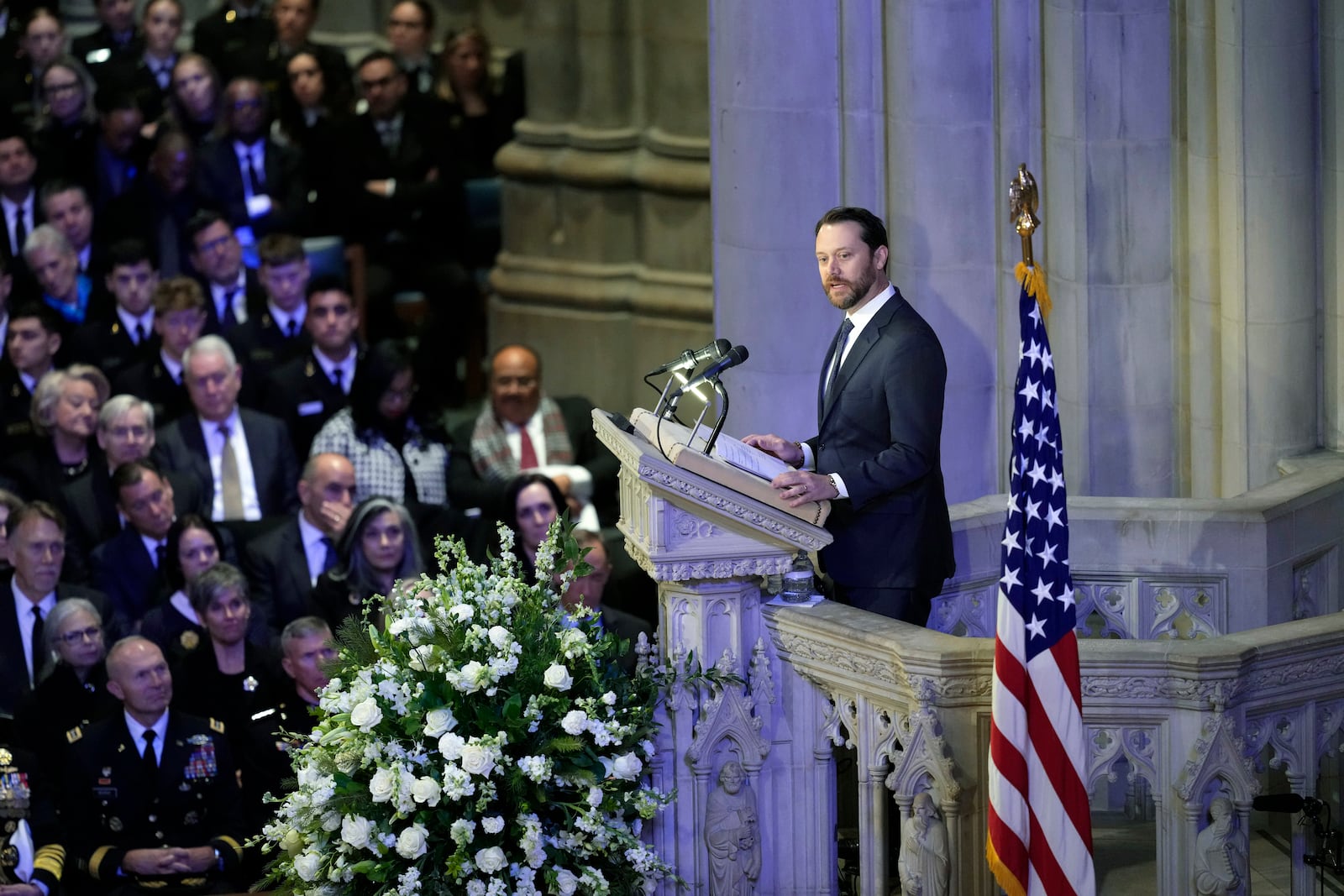 Grandson Jason Carter, speaks during the state funeral for former President Jimmy Carter at Washington National Cathedral in Washington, Thursday, Jan. 9, 2025. (AP Photo/Ben Curtis)