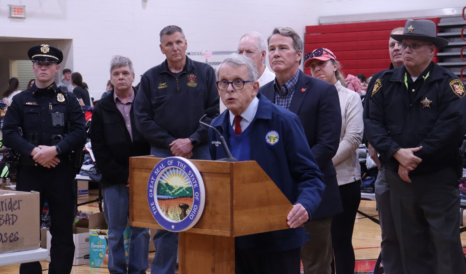 Ohio Gov. Mike DeWine speaks at a press conference on the damaged caused by a powerful tornado Thursday in Logan County Friday, March 15, 2024. JESSICA OROZCO/STAFF