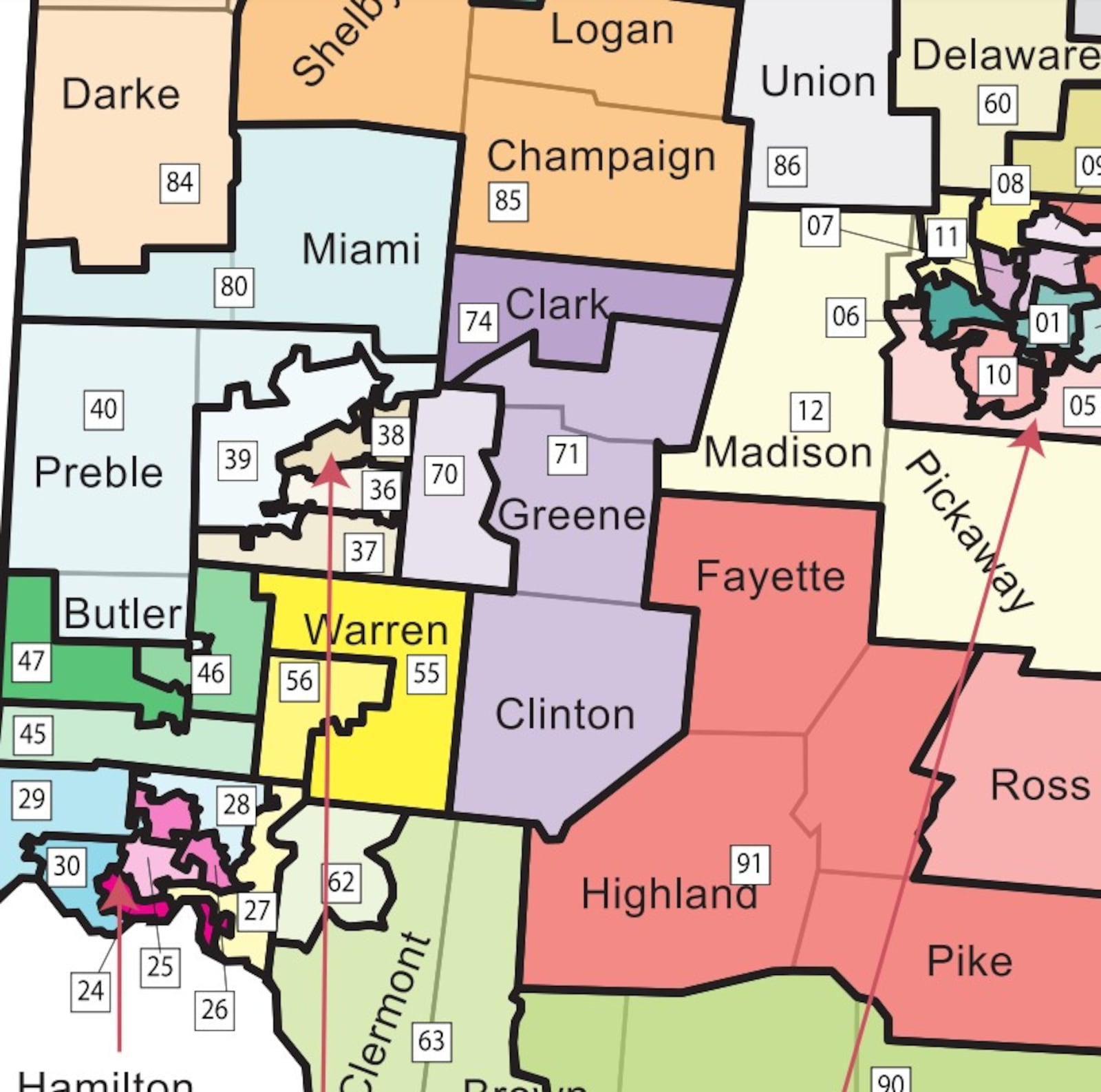 The district map Ohio voters will vote along on Nov. 8. District 71 runs from southern Clark County to all of Clinton County, crossing multiple community lines.