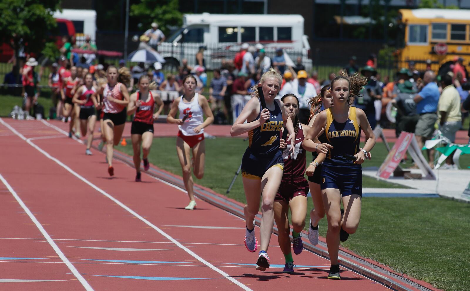 Oakwood's Elizabeth Erwin races in the 4x800-meter relay on Friday, June 3, 2022, in the Division II state track and field championships at Jesse Owens Memorial Stadium in Columbus. David Jablonski/Staff