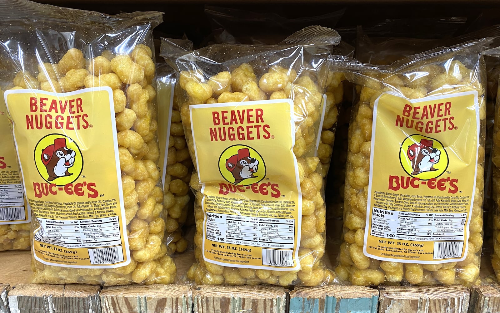 Beaver nuggets (puffed corn nuggets with a crunchy brown sugar caramel coating), at Buc-ee's.