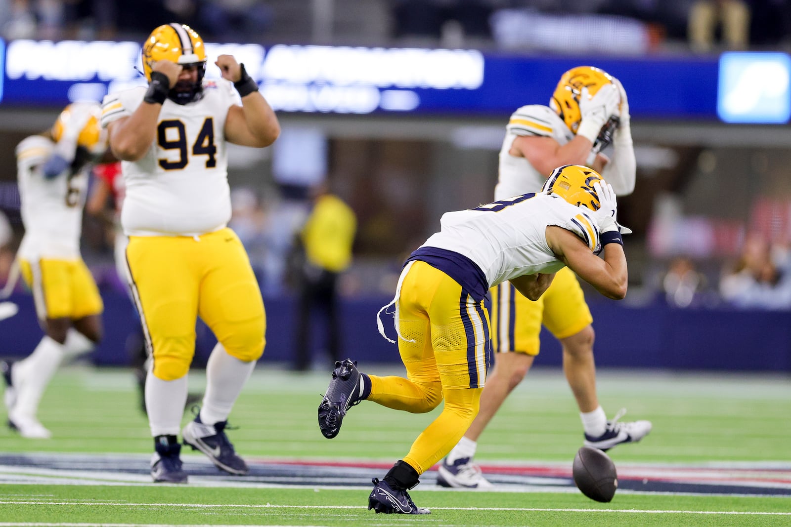 California wide receiver Mikey Matthews reacts after a dropped a pass during the second half of the LA Bowl NCAA college football game against UNLV Wednesday, Dec. 18, 2024, in Inglewood, Calif. (AP Photo/Ryan Sun)